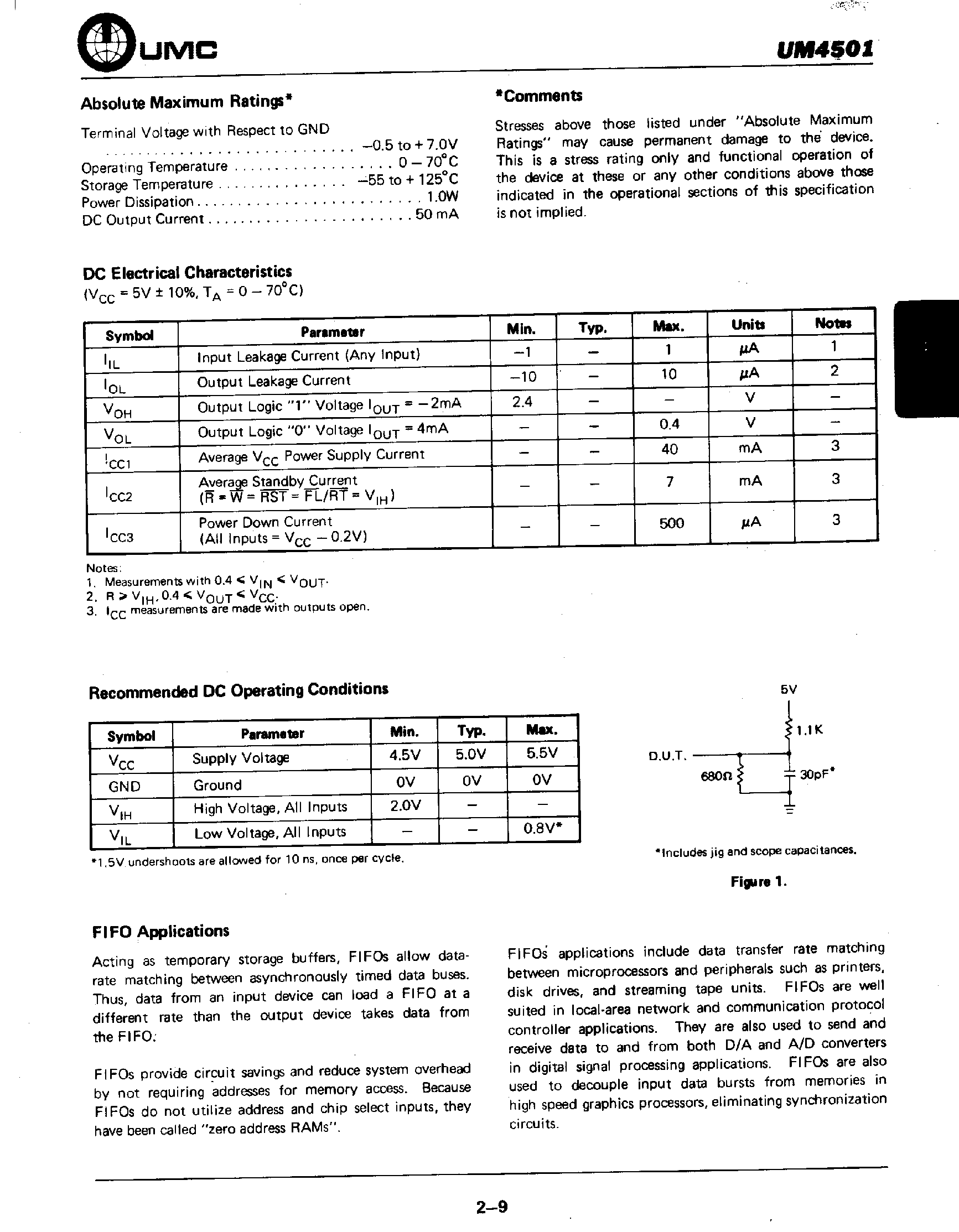 Datasheet UM4501 - 512 x 9-Bit CMOS Parallel FIFO page 2
