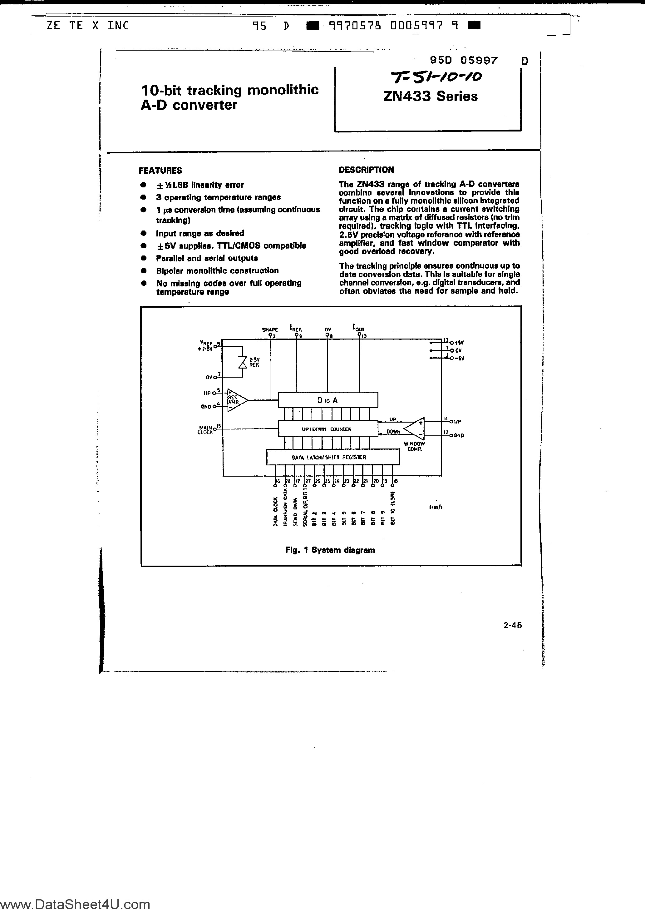Datasheet ZN433 - 10-Bit Tracking Monolithic A/D Converter page 1