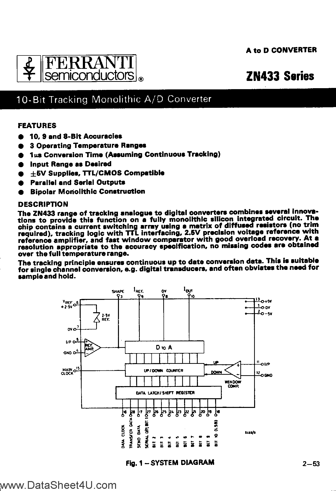 Datasheet ZN433 - 10-Bit Tracking Monolithic A/D Converter page 1