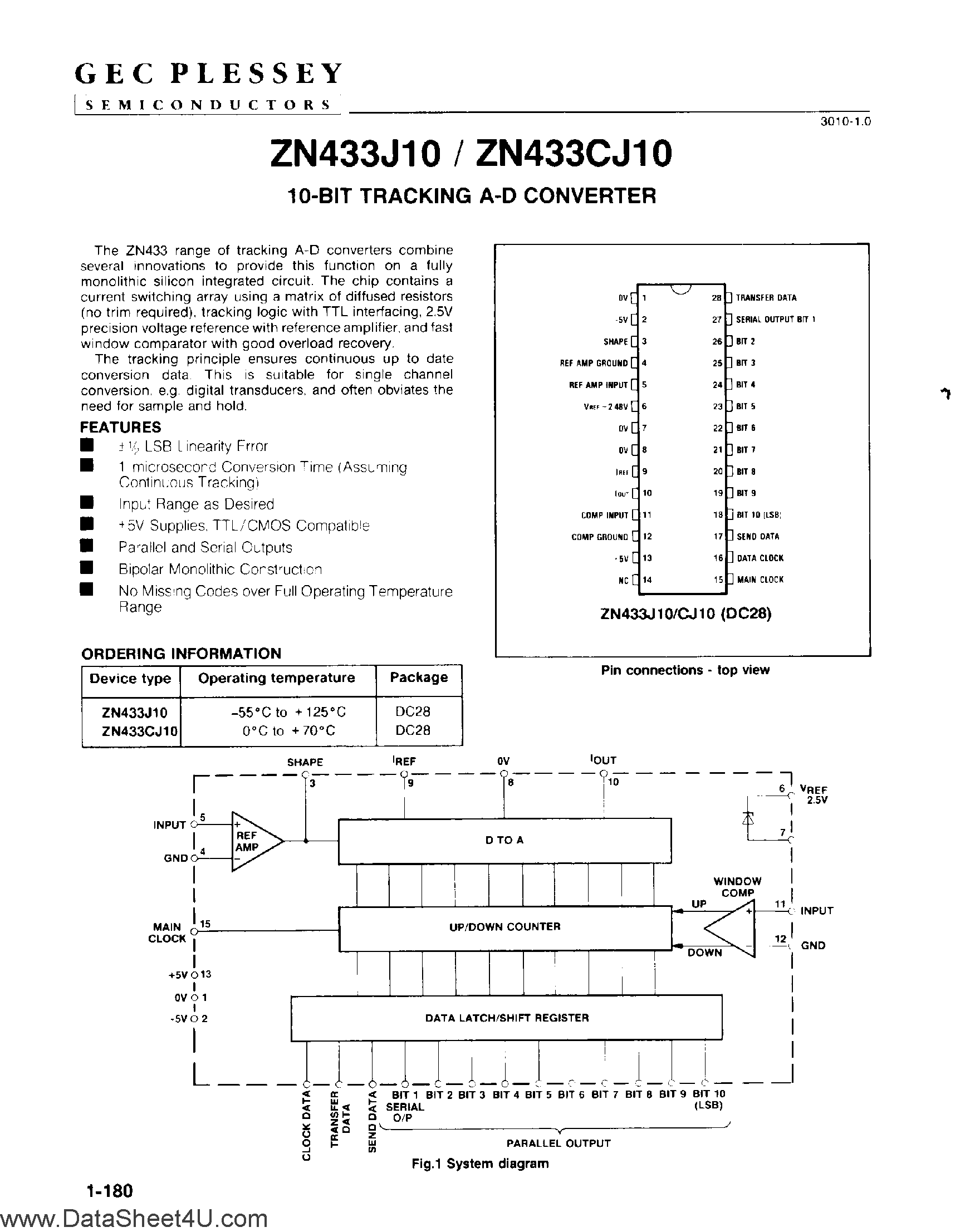 Datasheet ZN433CJ10 - 10-Bit Tracking A/D Converter page 1