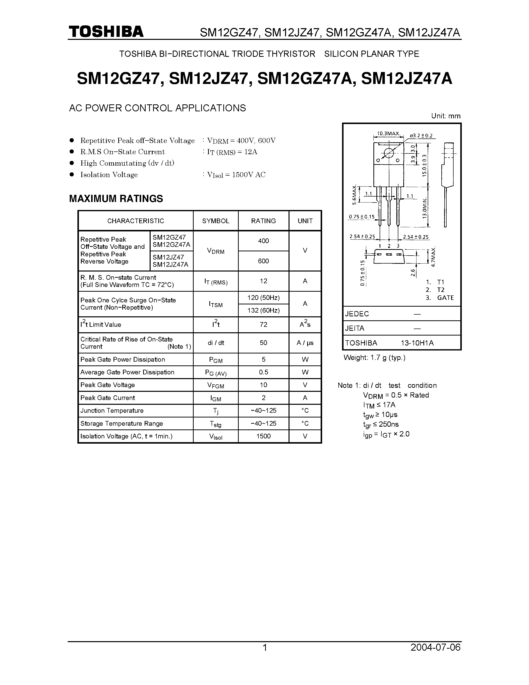 Даташит SM12GZ47 - (SM12xxZ47x) AC POWER CONTROL APPLICATIONS страница 1