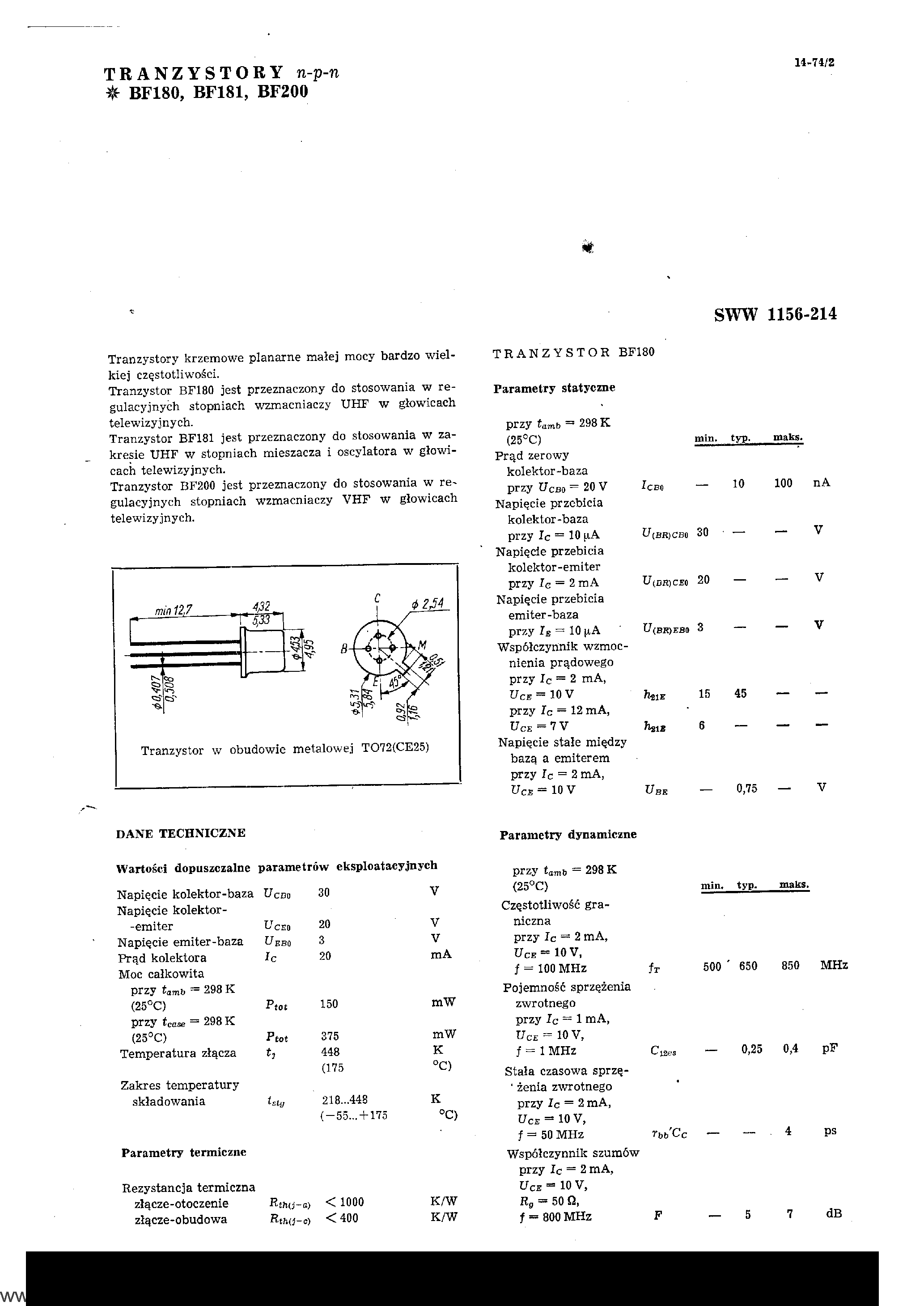 Datasheet BF180 - (BF180 / BF181) NPN TRANZYSTORY page 1