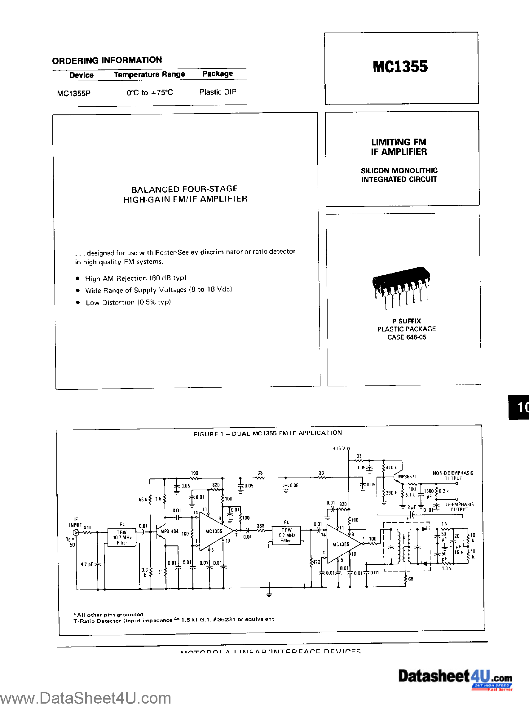 Datasheet MC1355 - Balanced 4-Stage High Gain FM/IF Amplifier page 1
