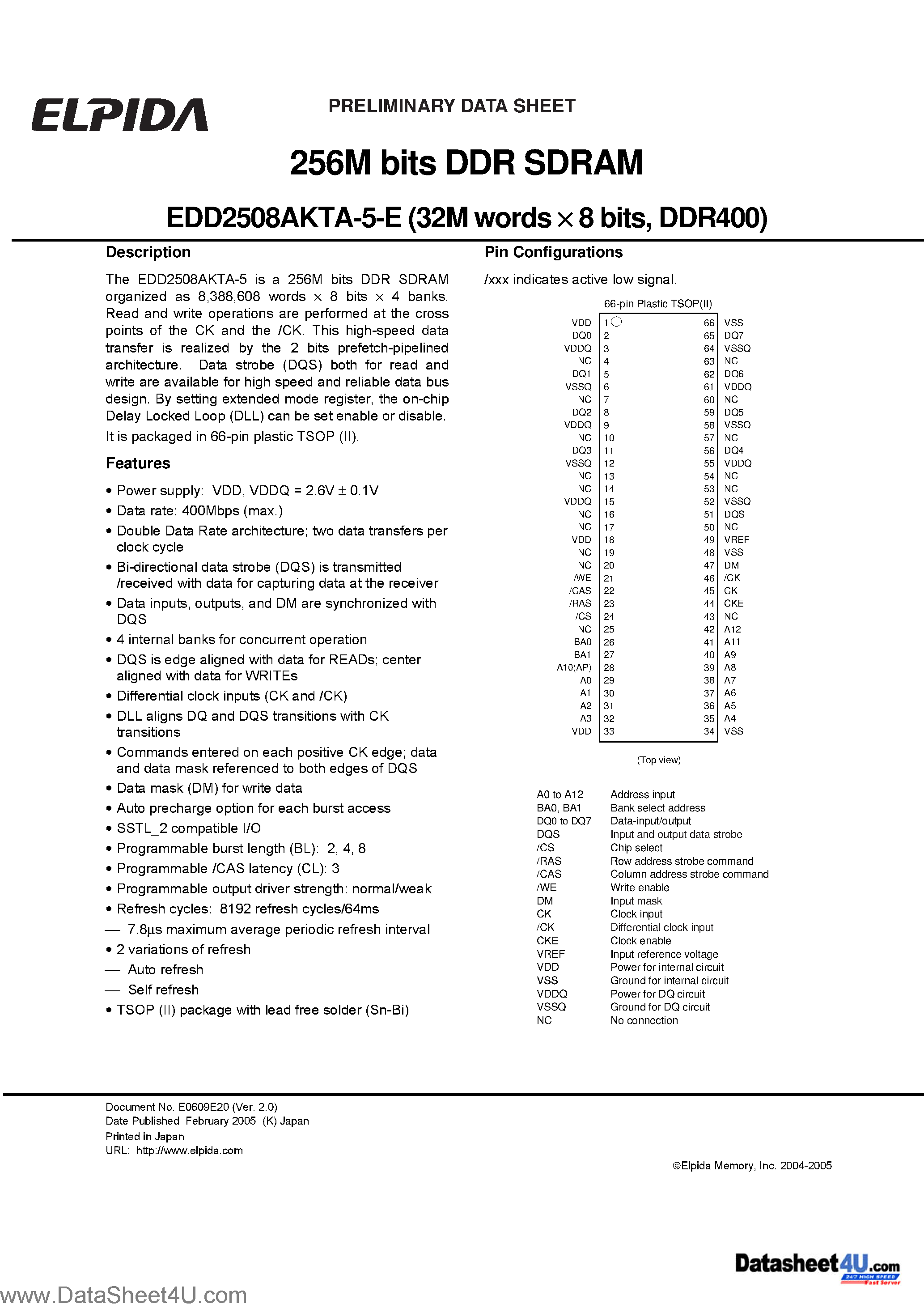 Datasheet EDD2508AKTA-5-E - 256M bits DDR SDRAM (32M words x 8 bits DDR400) page 1