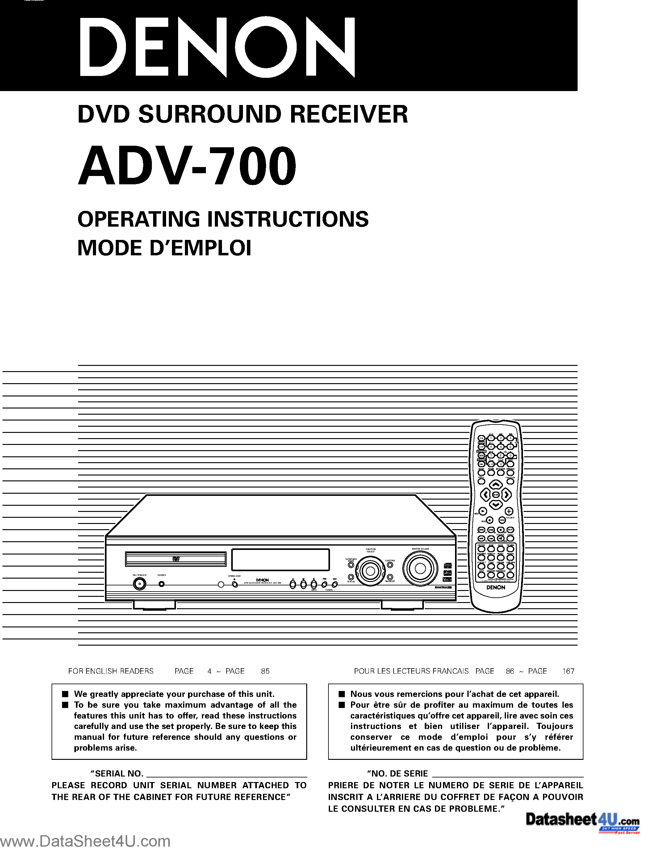 Даташит ADV-700 - DVD Surround Receiver страница 1