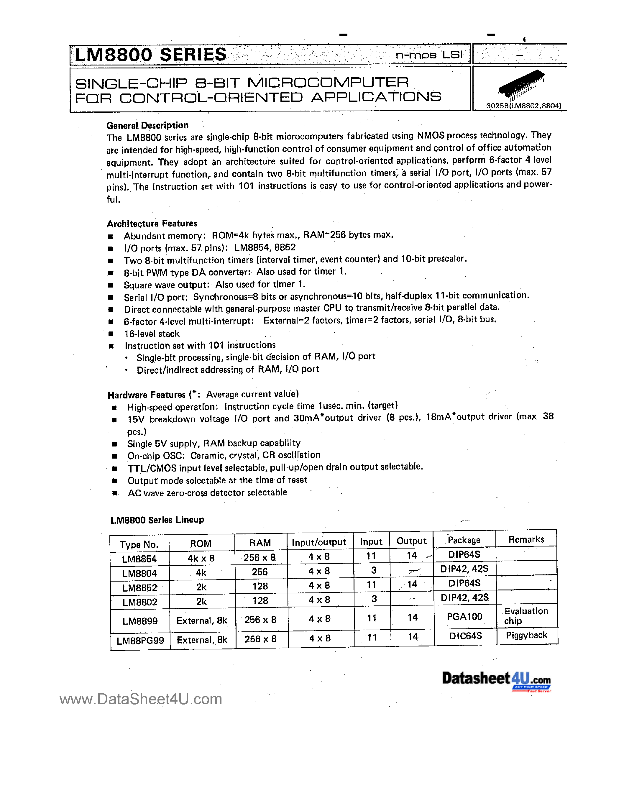 Datasheet LM8802 - (LM8800 Series) Single-Chip 8-Bit Microcomputer page 1