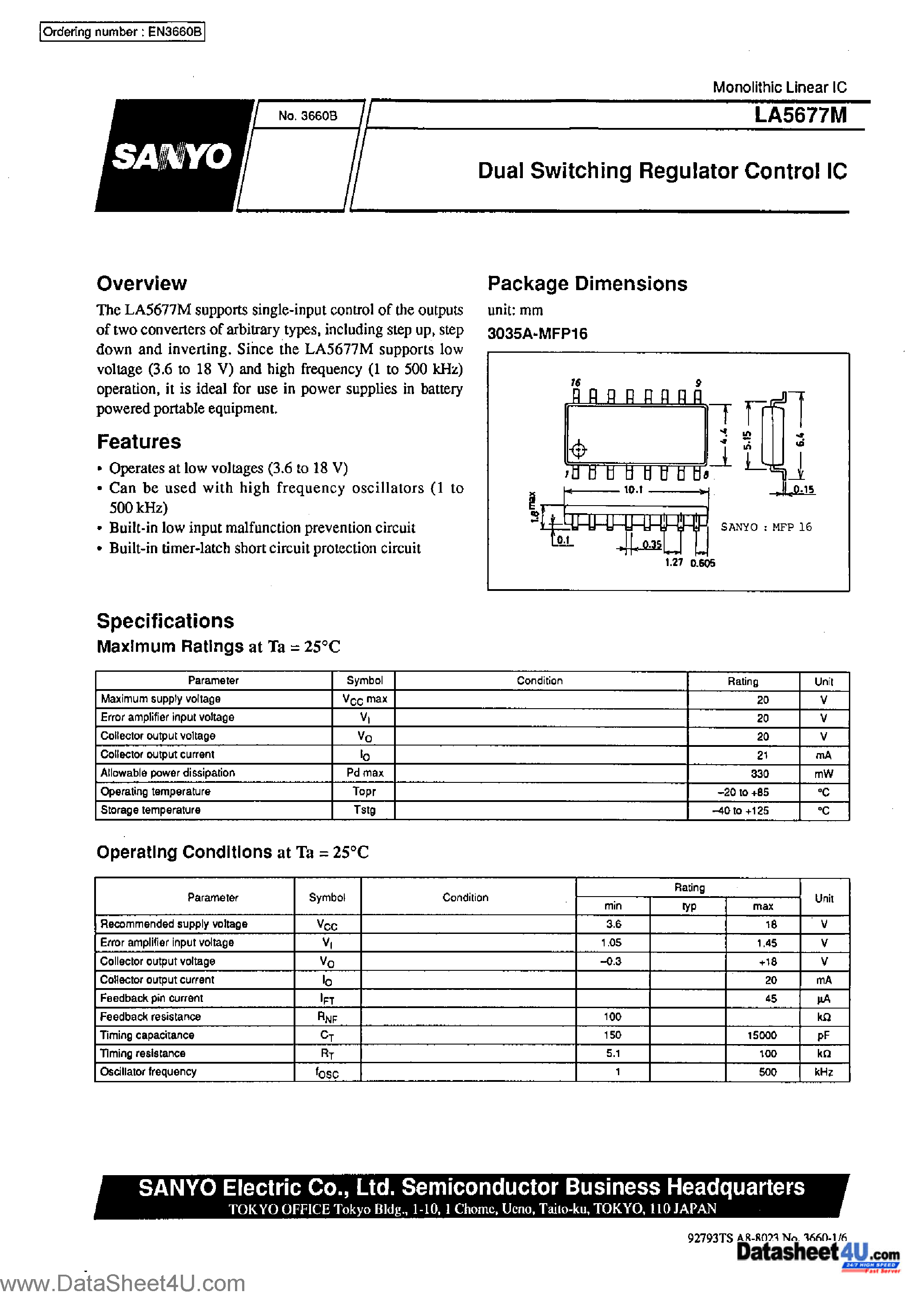 Datasheet LA5677M - DUAL SWITCHING REGULATOR CONTROL IC page 1