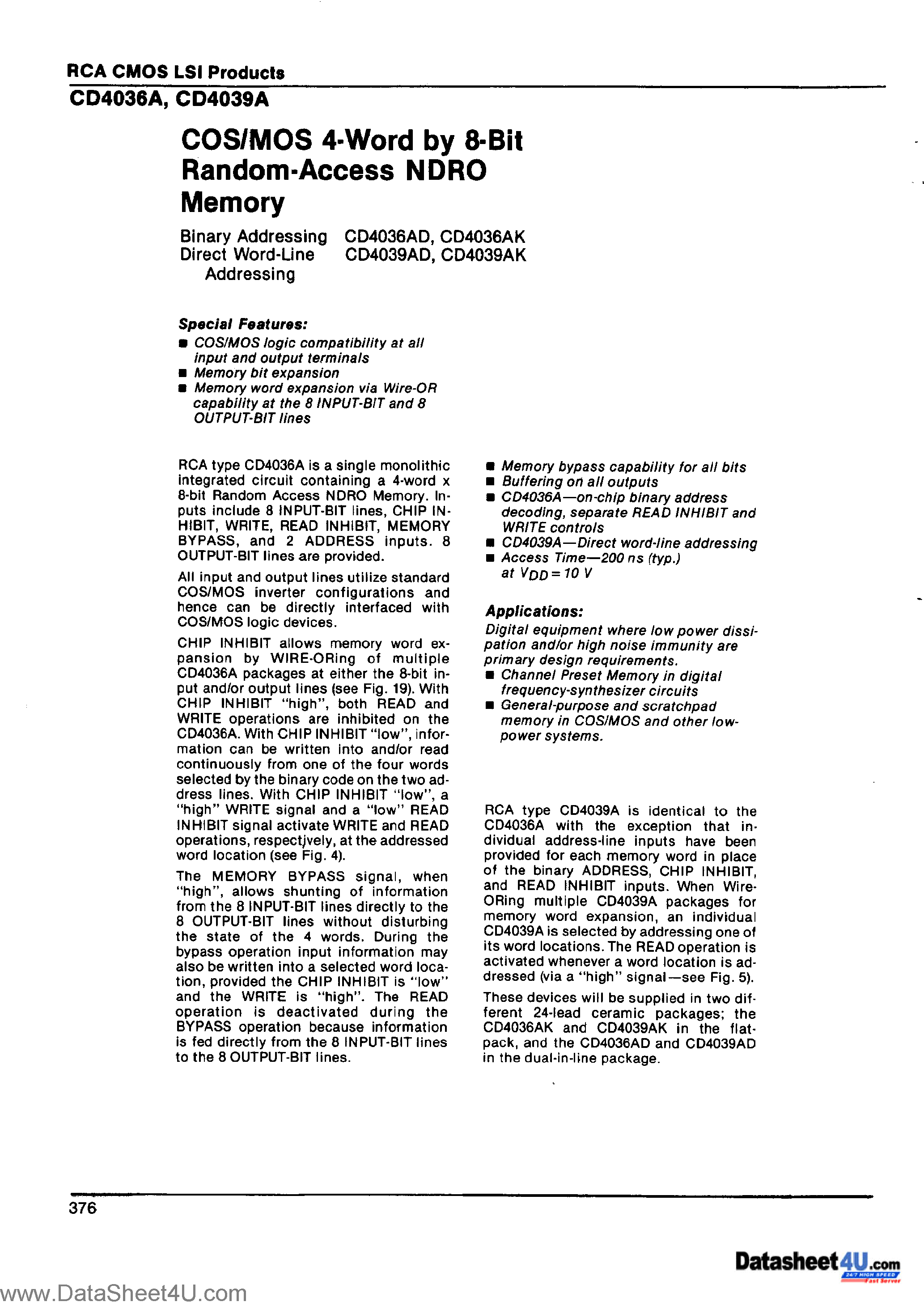 Datasheet CD4036A - (CD4036A / CD4039A) COS/MOS 4-Word by 8-Bit Random Access NDRO Memory page 1