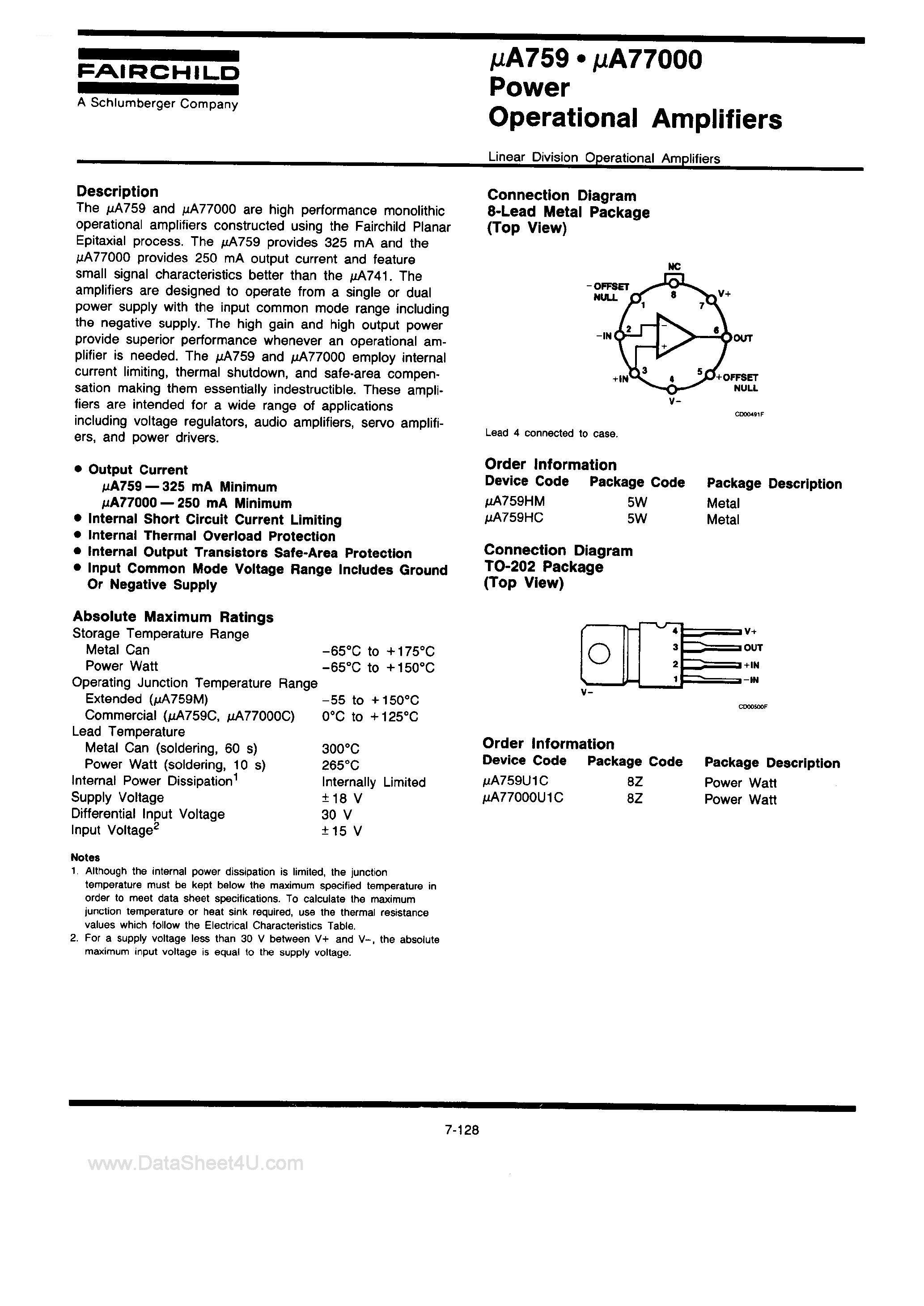 Datasheet UA759 page 1 Datasheet UA759 - (UA759 / UA77000) POWER OPERATIONAL AMPLIFIERS page 1