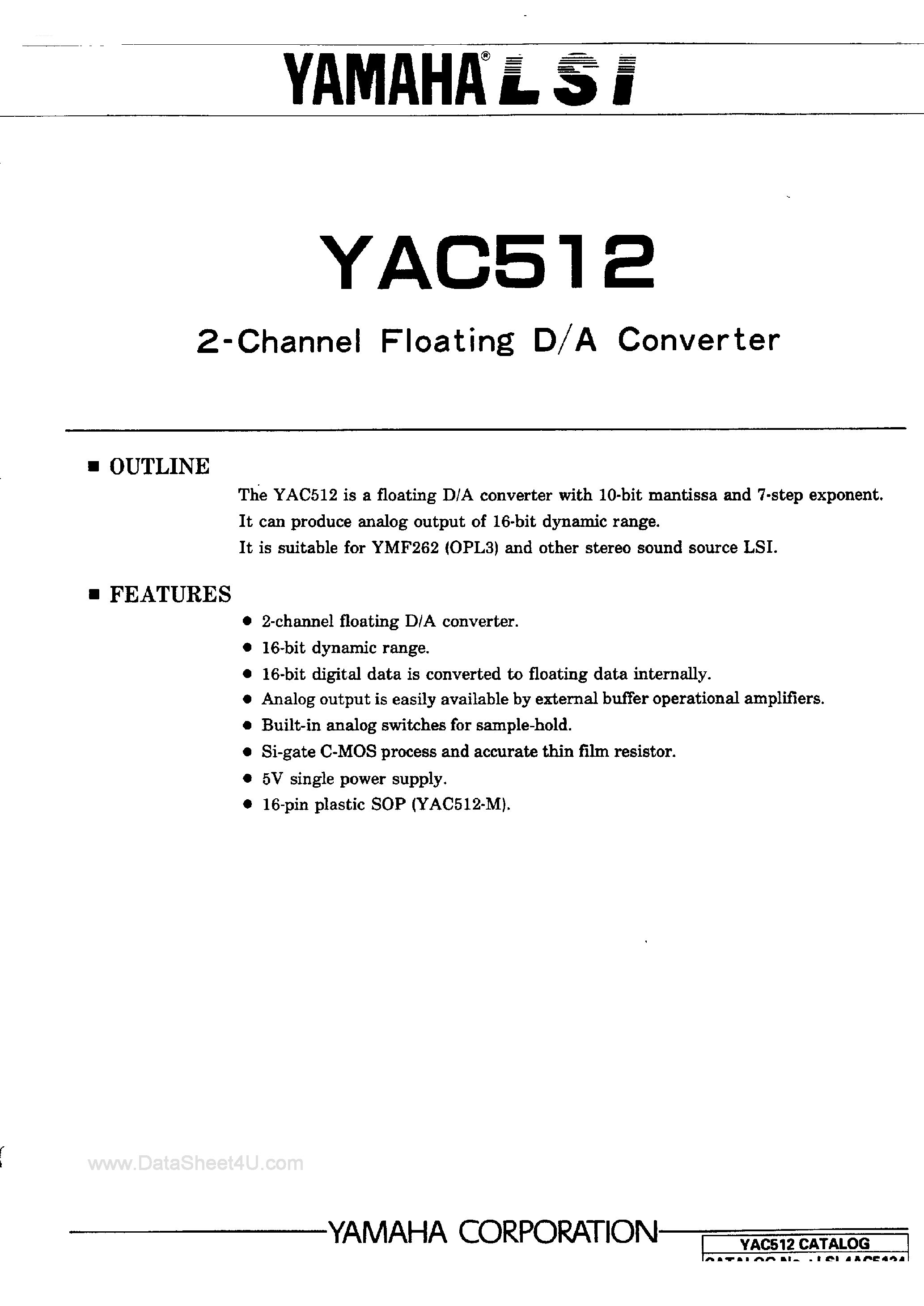 Datasheet YAC512 - 2-Channel Floating D/A Converter page 1