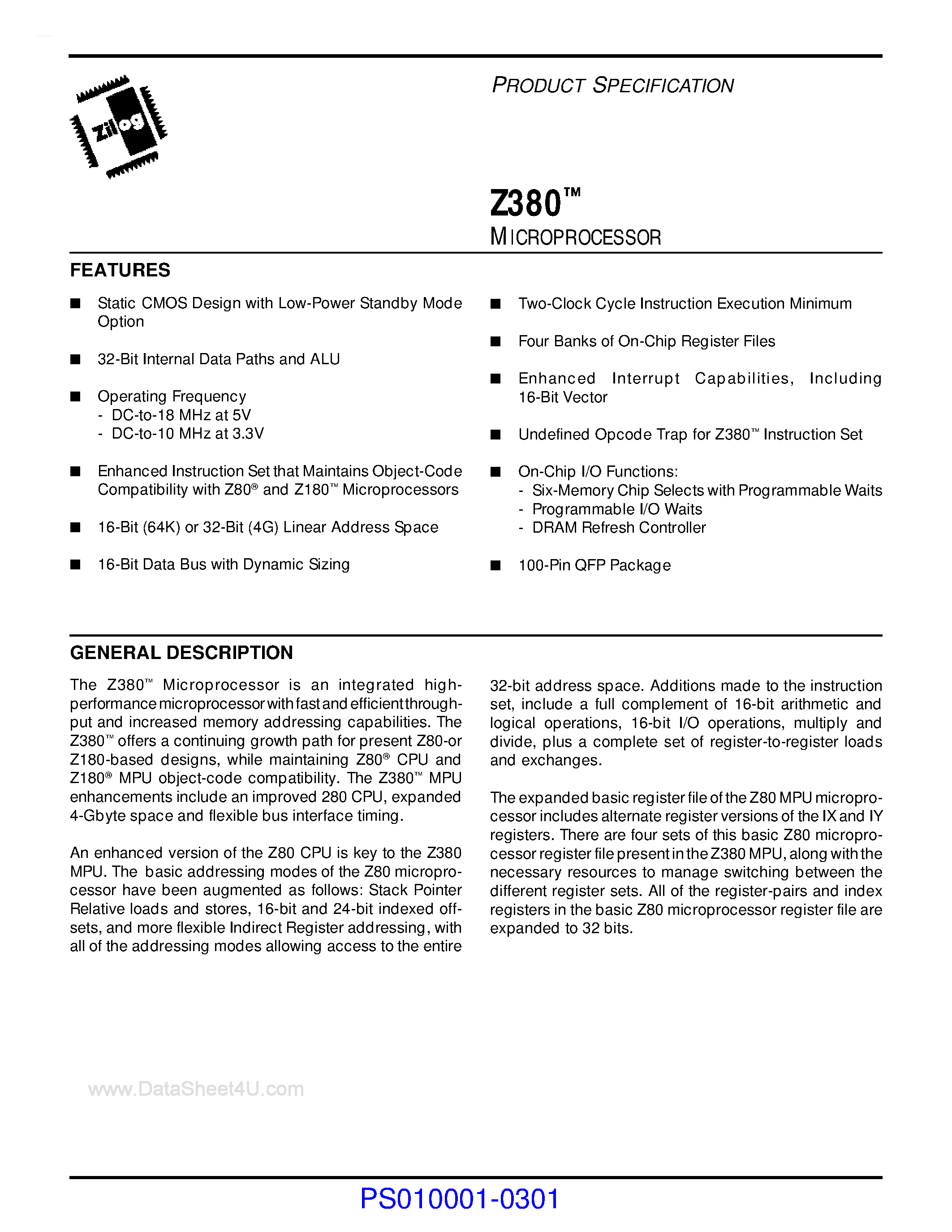 Datasheet Z-380 - Microprocessor page 1