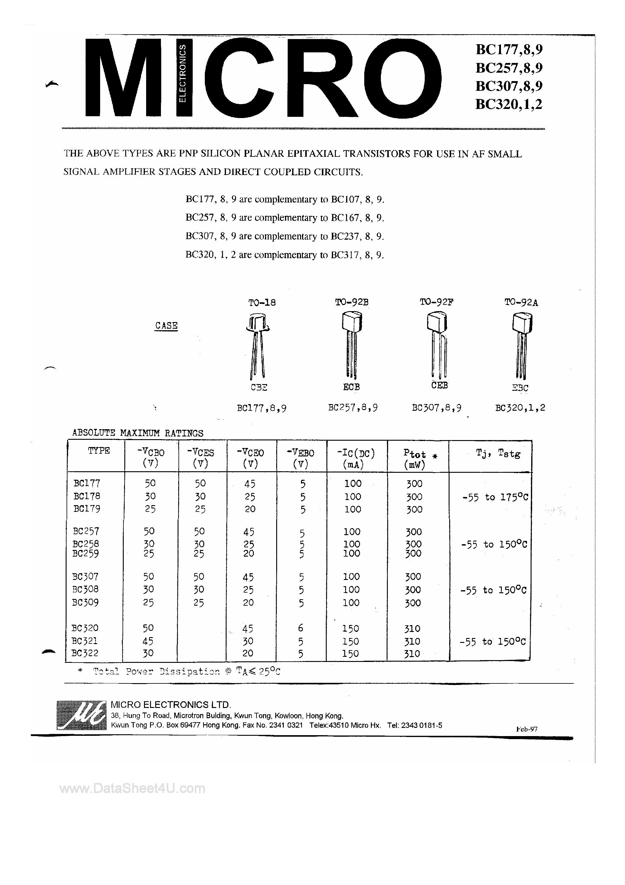 Datasheet BC307 - (BC3xx) Transistors page 1