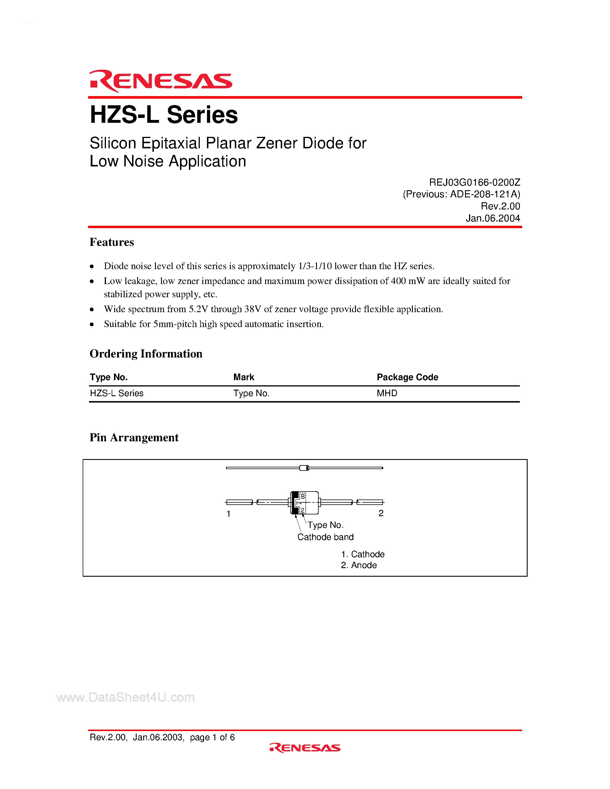 Даташит HZS-L - (HZS-L Series) Silicon Epitaxial Planar Zener Diode for Low Noise Application страница 1