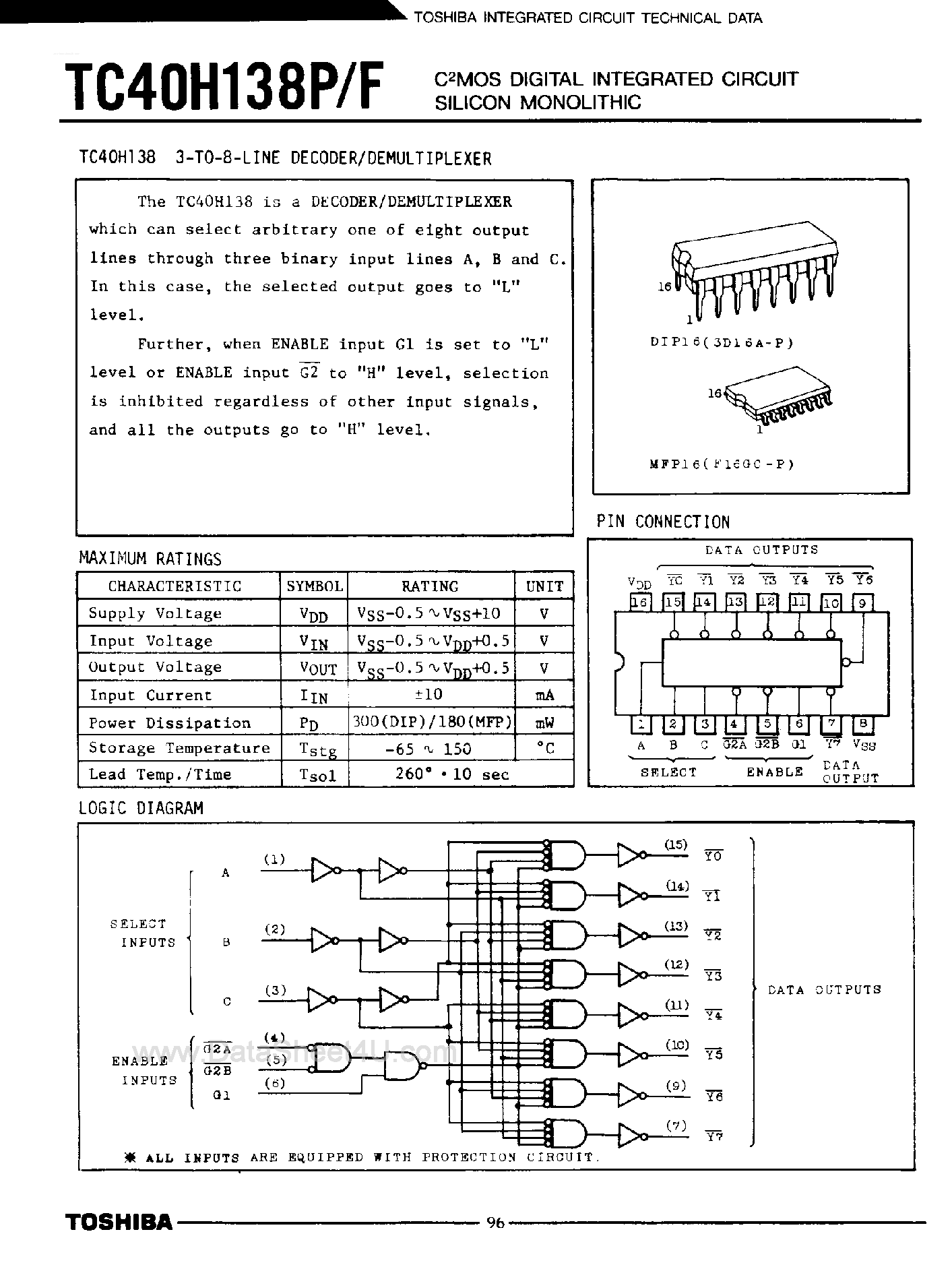 Даташит TC40H138F - (TC40H138P/F) 3-to-8 Line Decoder / Demultiplexer страница 1