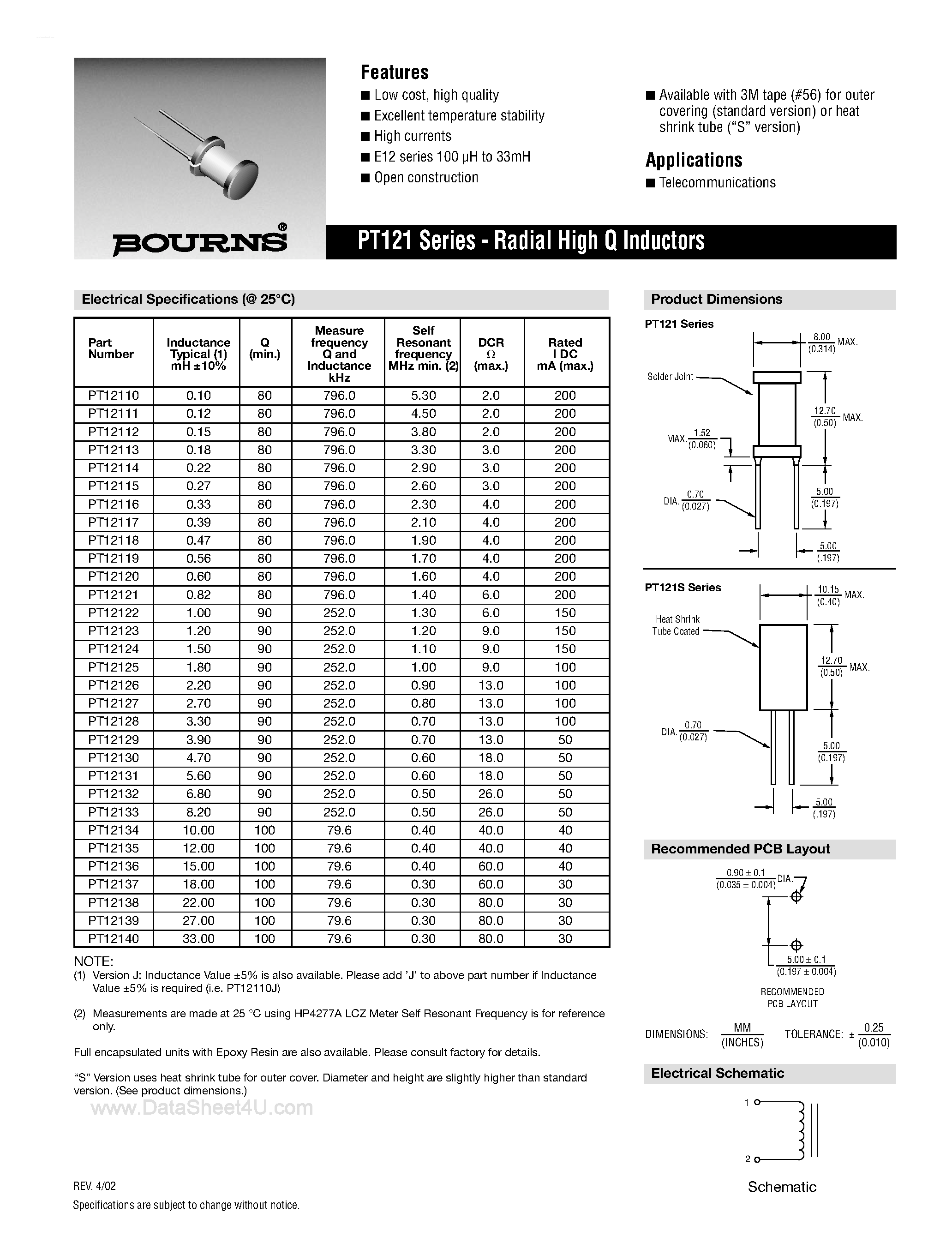 Datasheet PT12133 - (PT121xx) Radial High Q Inductors page 1