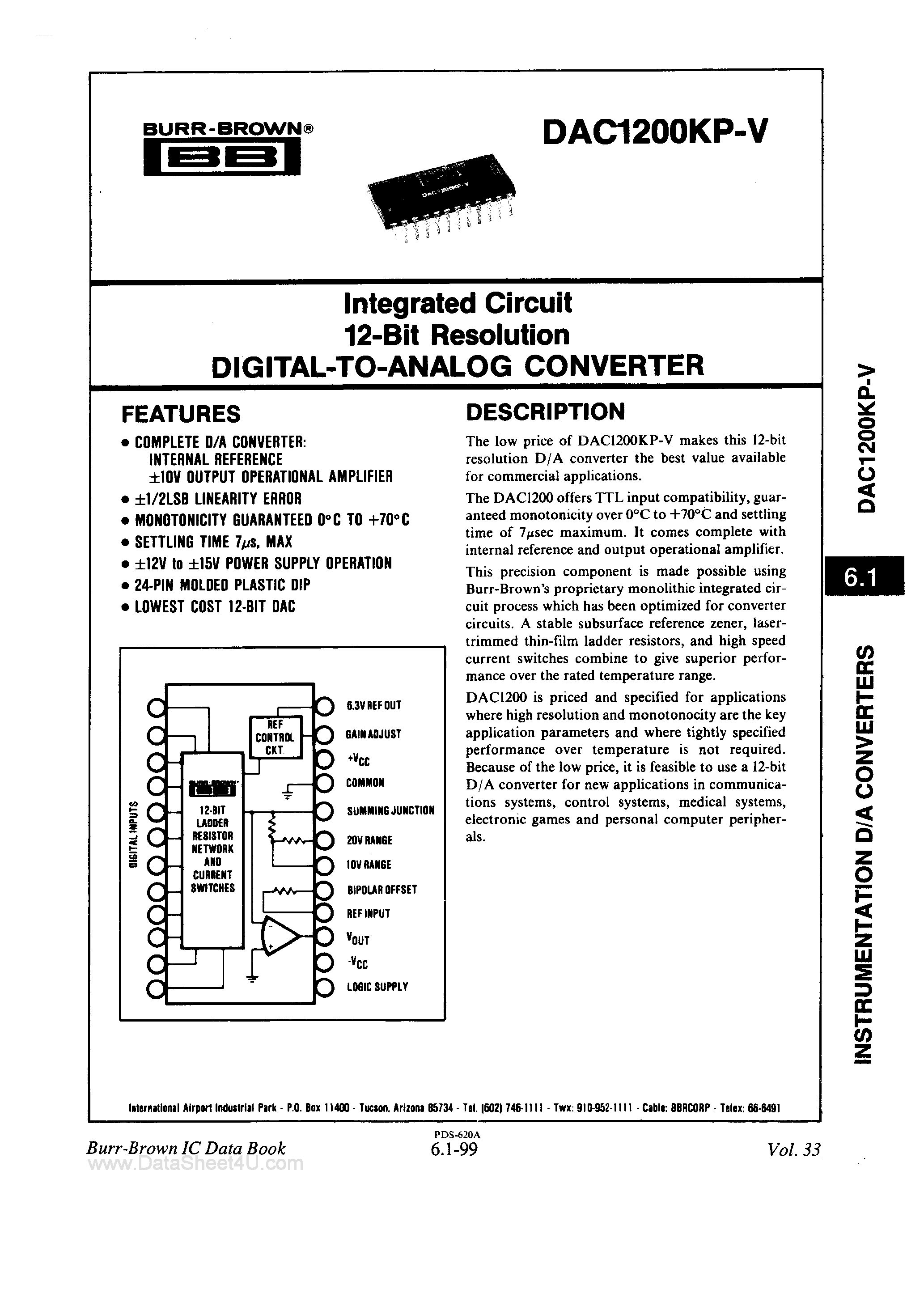 Datasheet DAC1200KP-V - Integrated Circuit 12-Bit Resolution Digital to Analog Converter page 1