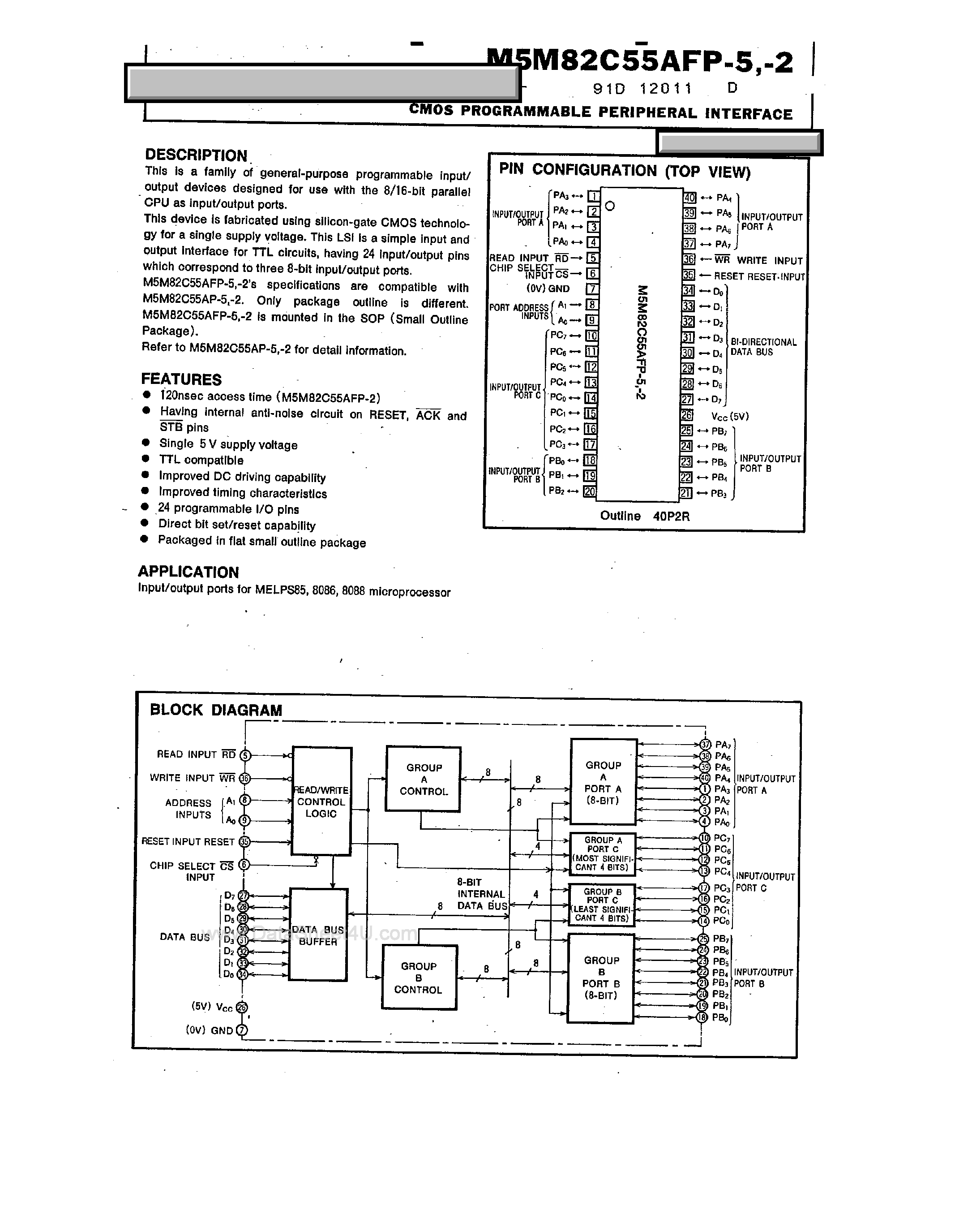 Datasheet M5M82C55AFP-2 - (M5M82C55AFP-2/-5) CMOS Programmable Peripheral Interface page 1