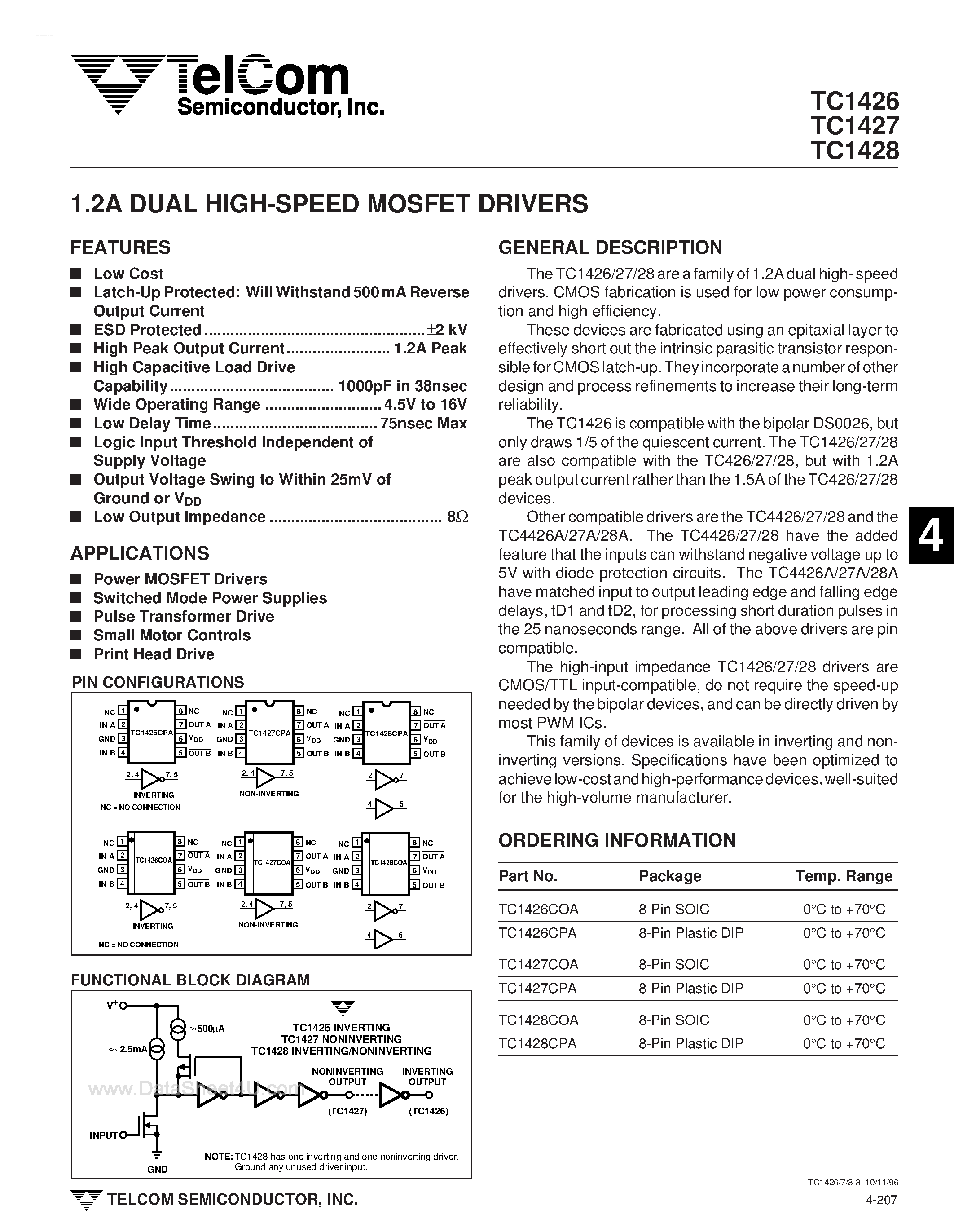 Даташит TC1426 - (TC1426 - TC1428) 1.2A DUAL HIGH-SPEED MOSFET DRIVERS страница 1