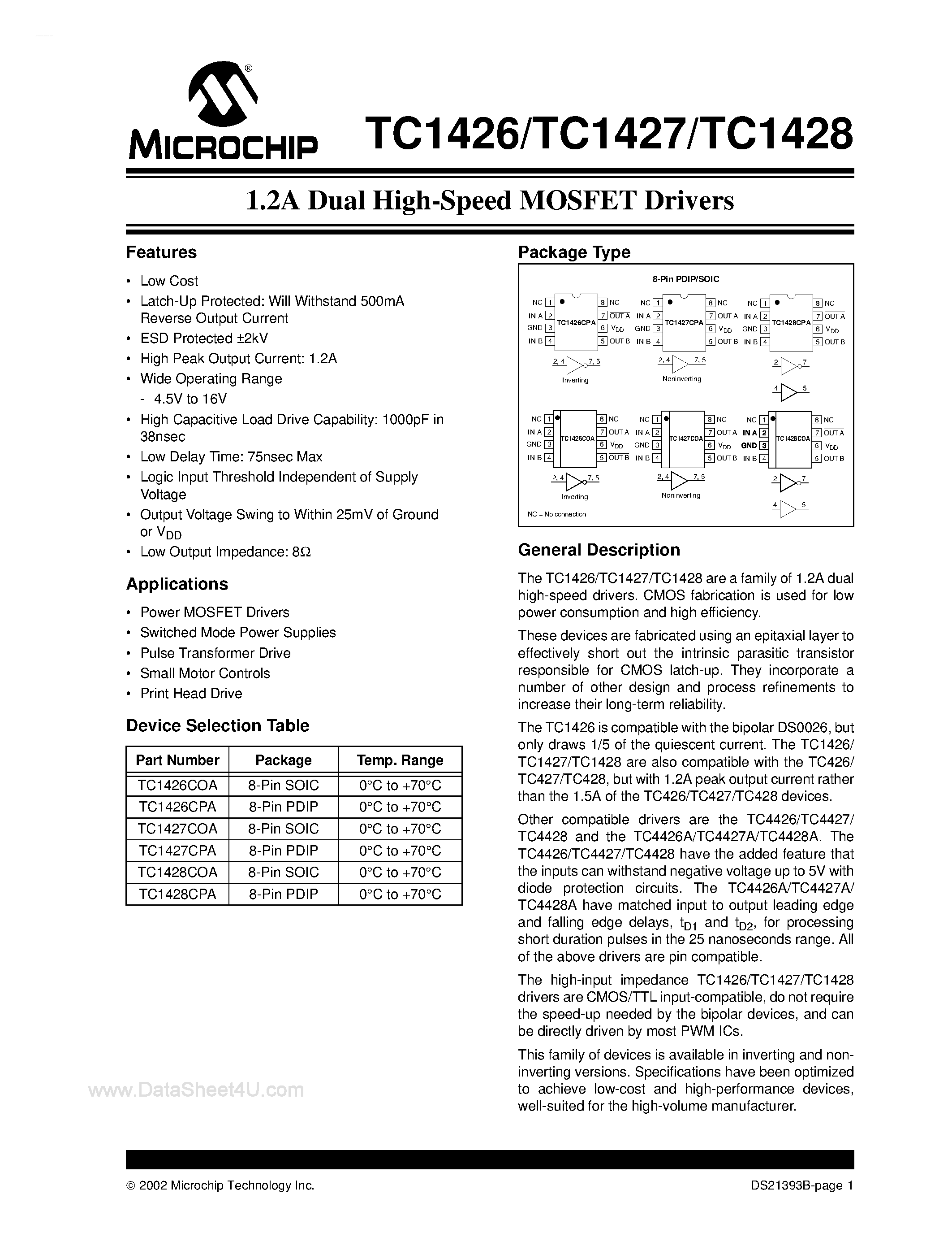 Datasheet TC1426 - (TC1426 - TC1428) 1.2A Dual High-Speed MOSFET Drivers page 1