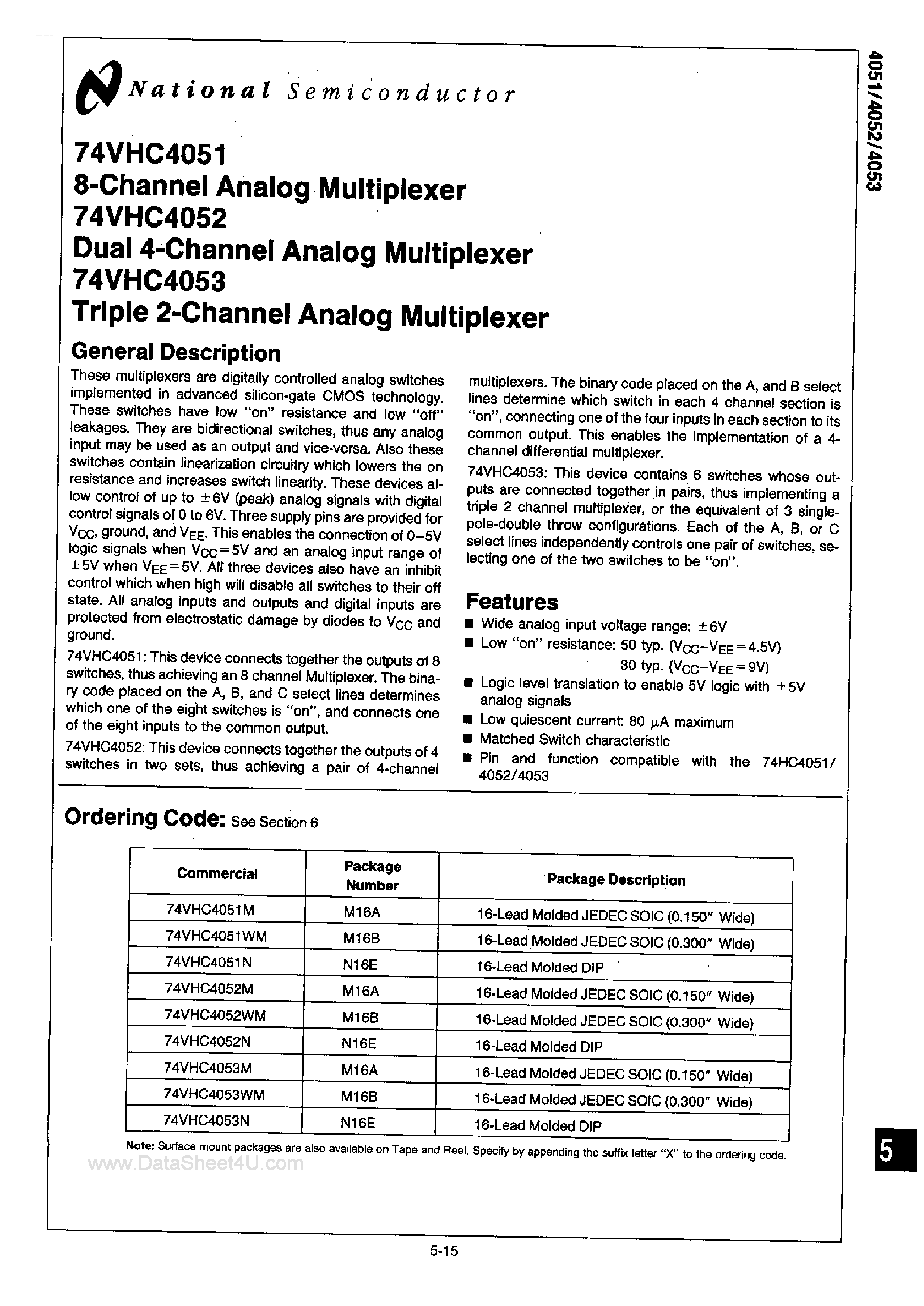 Даташит 74VHC4051 - (74VHC4051 - 74VHC4053) Analog Multiplexer страница 1