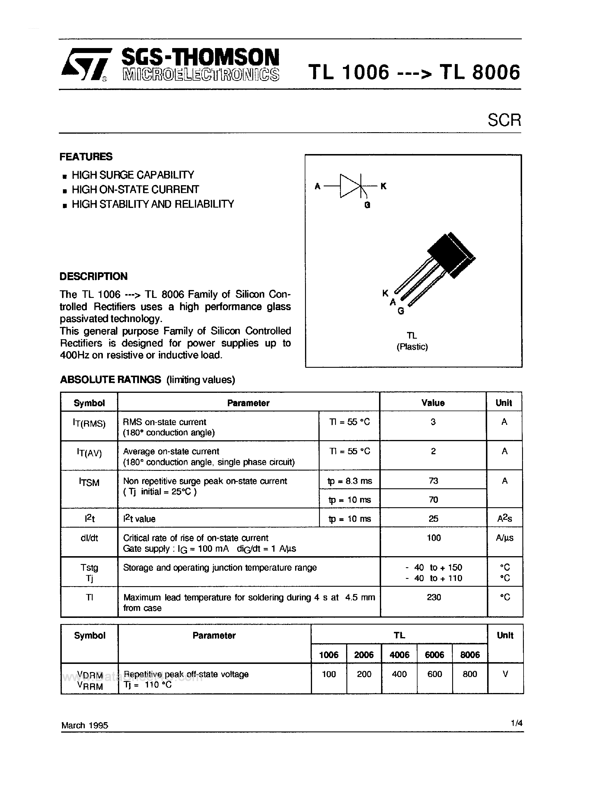 Datasheet TL4006 - SCR page 1