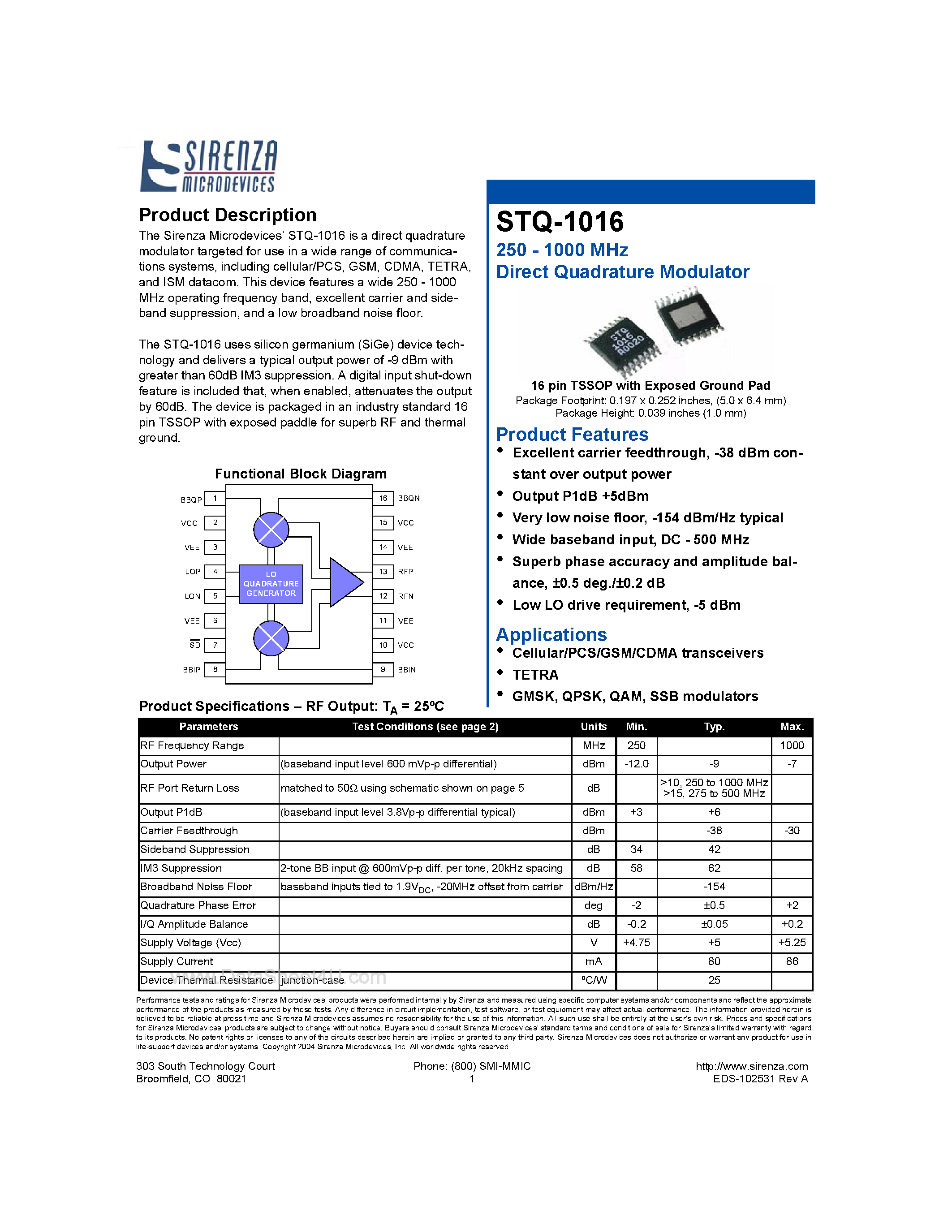 Даташит STQ-1016 - 250 - 1000 MHz Direct Quadrature Modulator страница 1