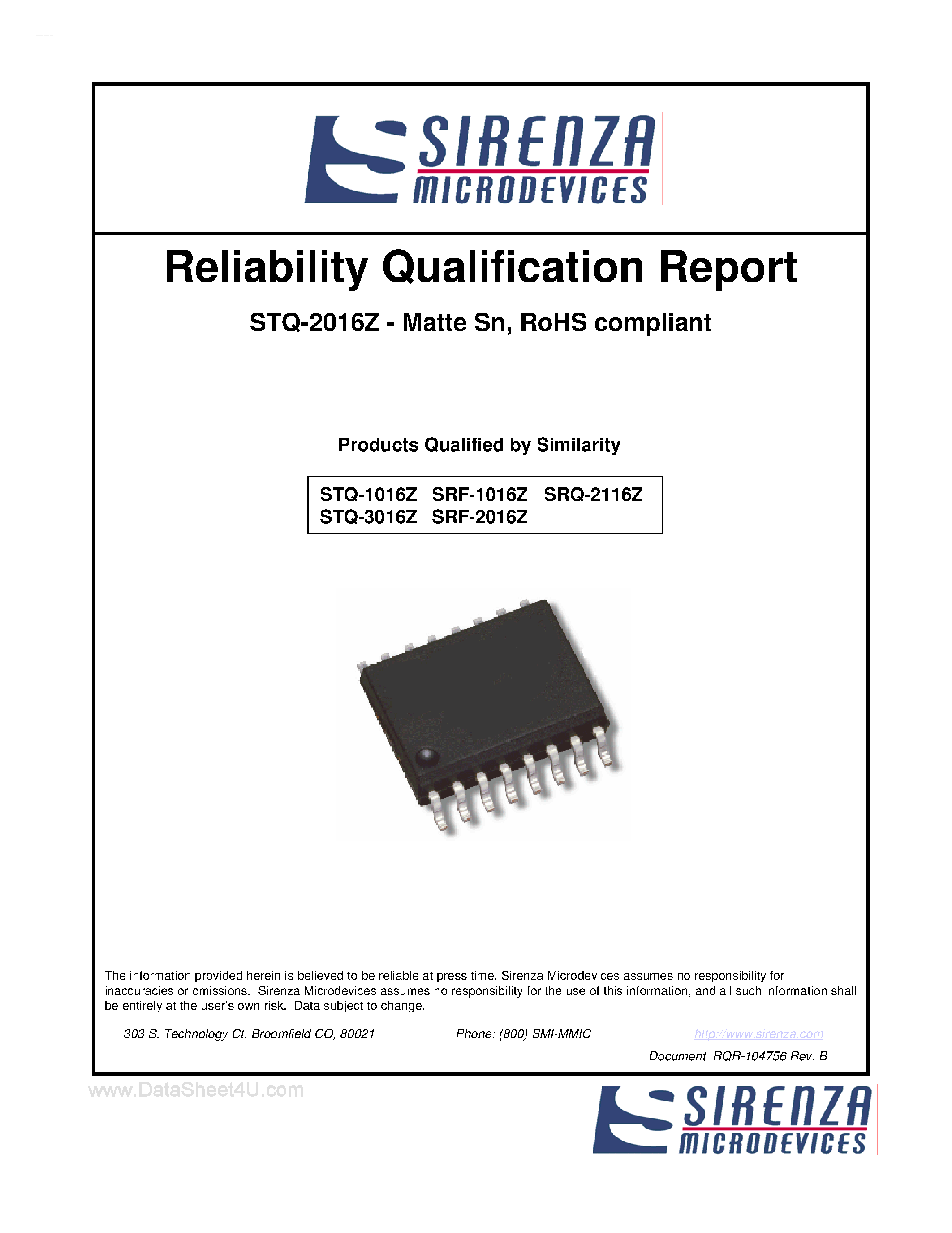 Datasheet STQ-1016Z - (STQ-x016Z) Reliability Qualification Report page 1