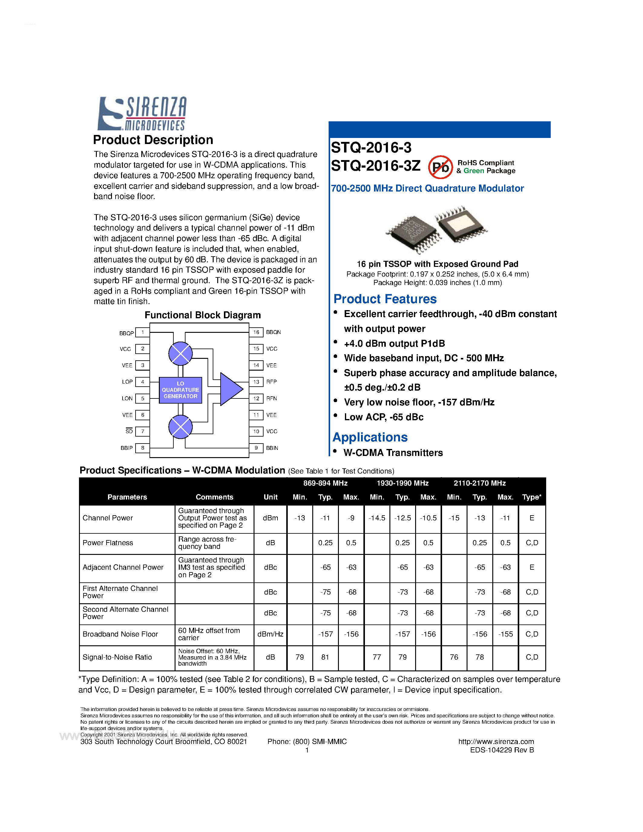 Datasheet STQ-2016-3 - 700-2500 MHz Direct Quadrature Modulator page 1