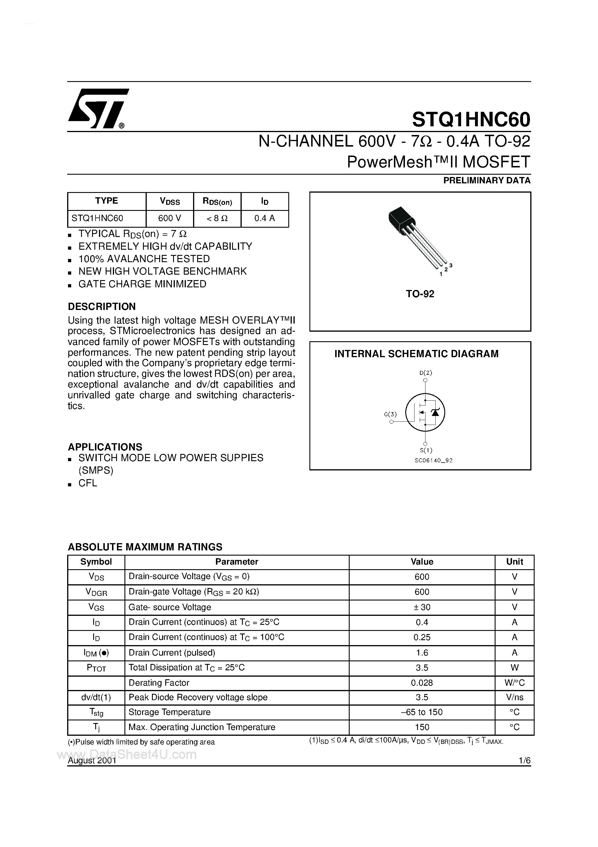 Datasheet STQ1HNC60 - N-CHANNEL MOSFET page 1