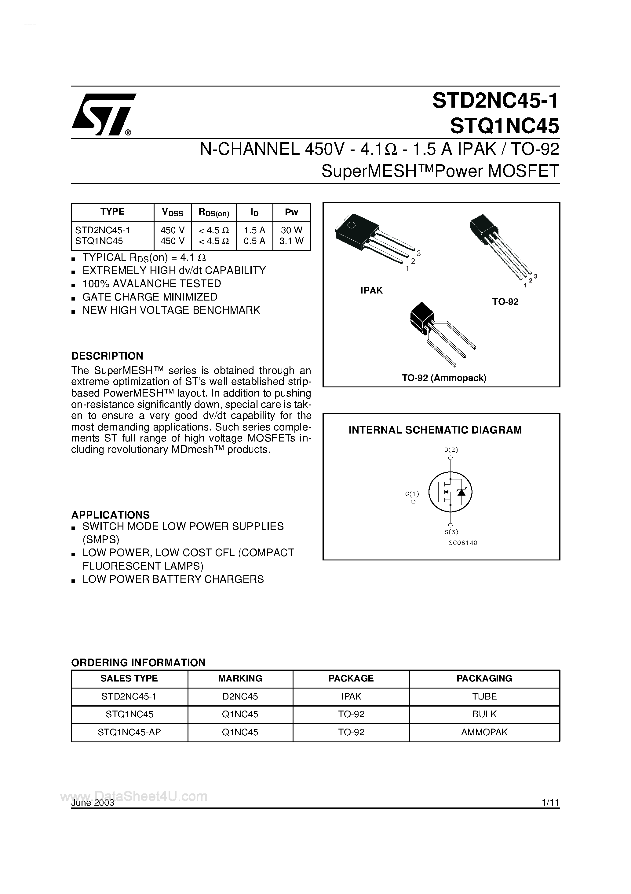 Datasheet STQ1NC45 - N-CHANNEL MOSFET page 1