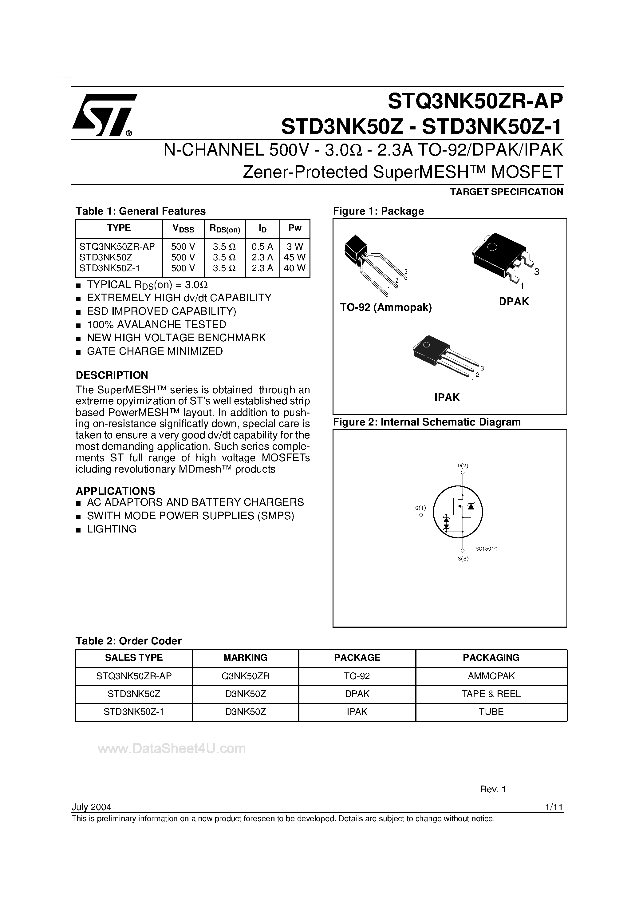 Datasheet STQ3NK50ZR-AP - N-CHANNEL MOSFET page 1