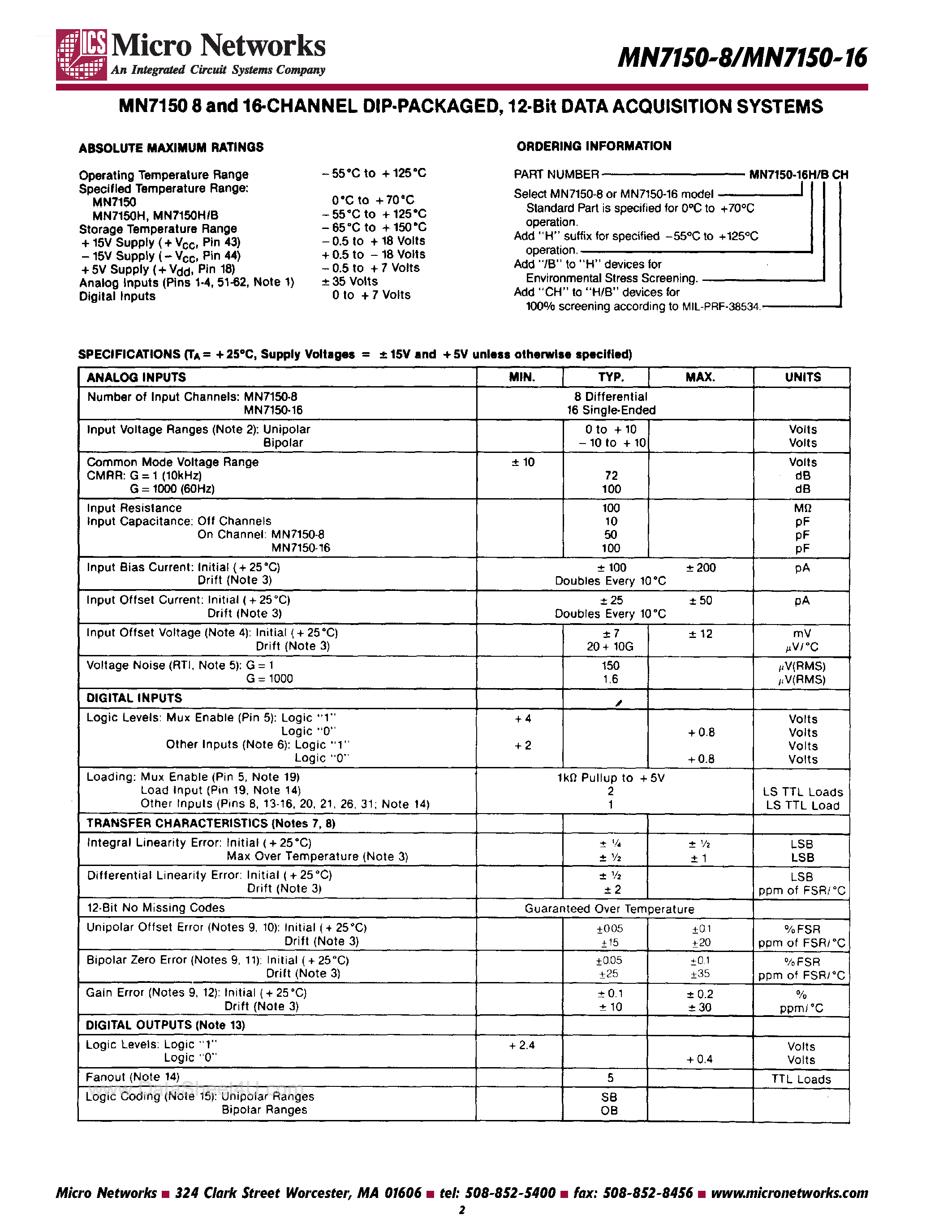 Datasheet MN7150-16 - (MN7150-8/-16) 8 and 16-Channel DIP Packaged 12-Bit Data Acquisition System page 2