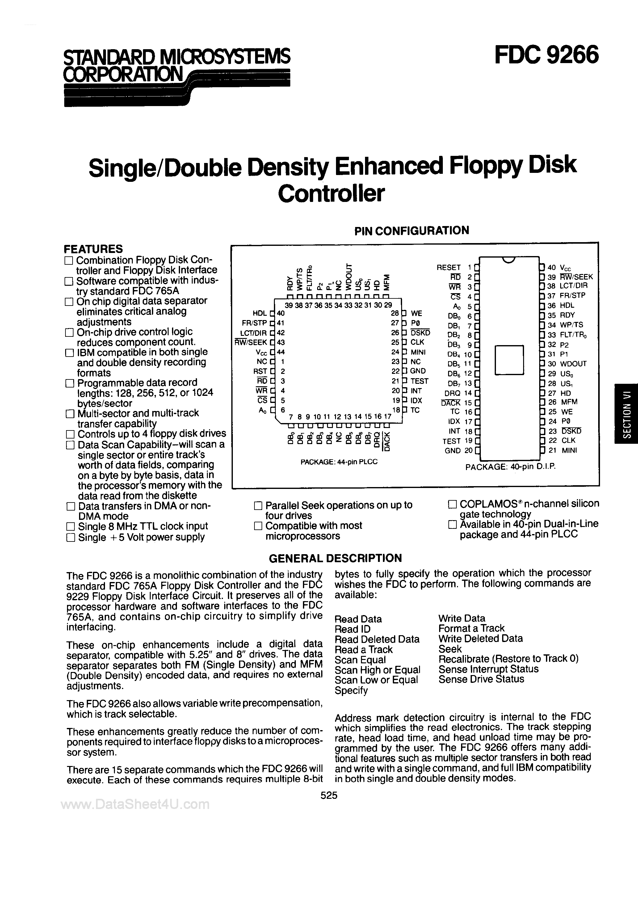Datasheet FDC9266 - Single/Double Density Enhanced Floppy Disk Controller page 1