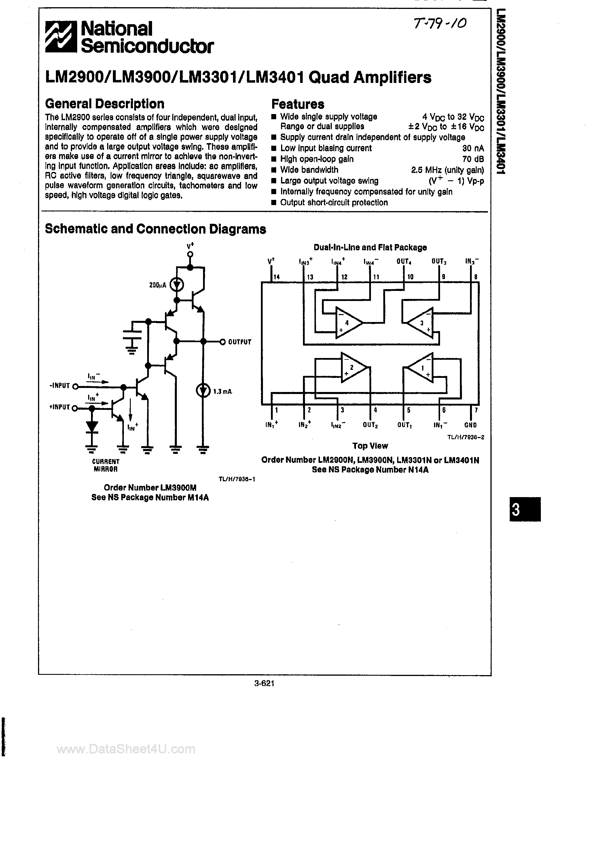 Даташит LM3401 - (LM3900 / LM3901 / LM3401) Quad Amplifiers страница 1