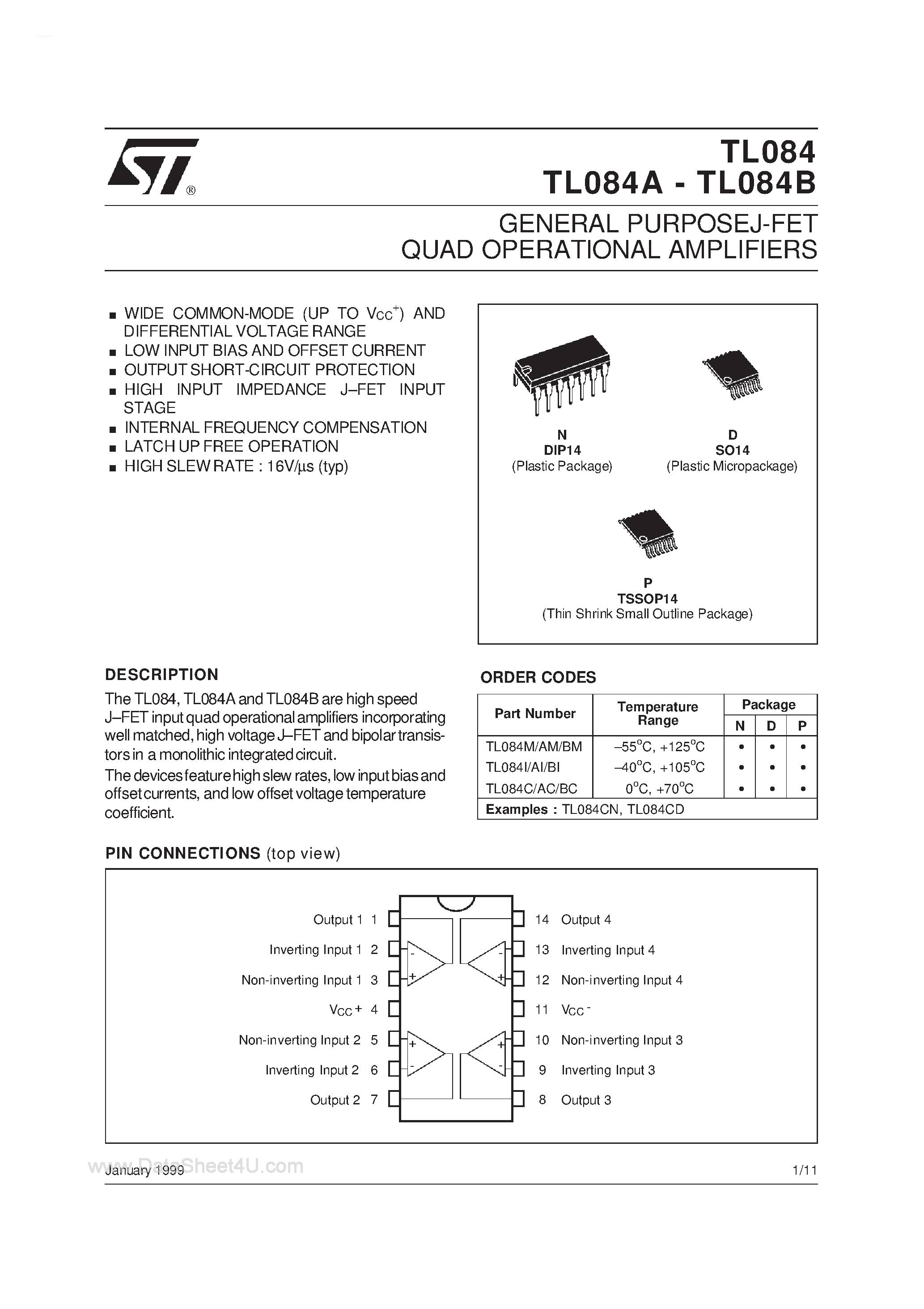 Даташит TLO84 - General Purpose J-FET Quad Operational Amplifier страница 1