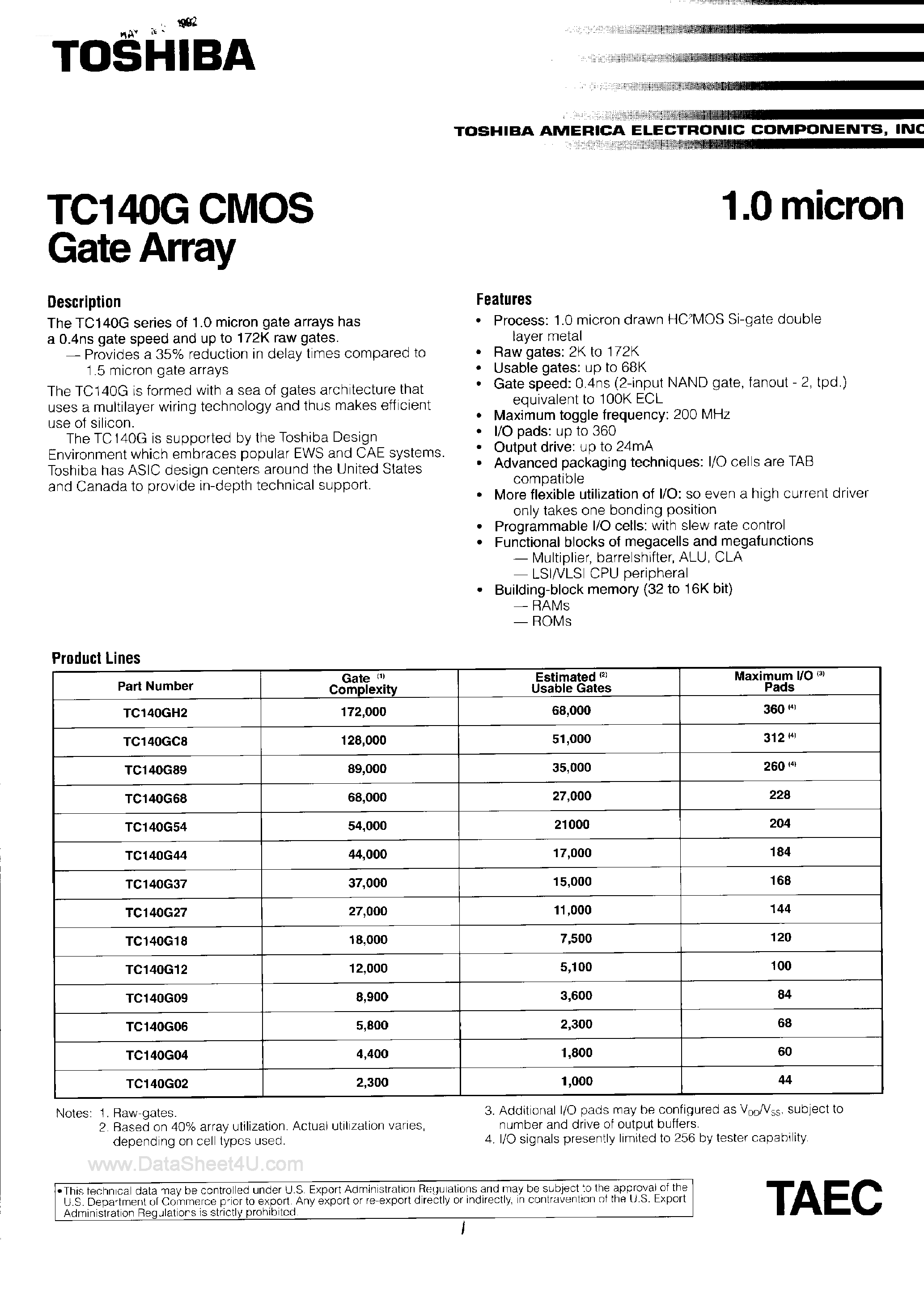 Datasheet TC140G - CMOS Gate Array page 1