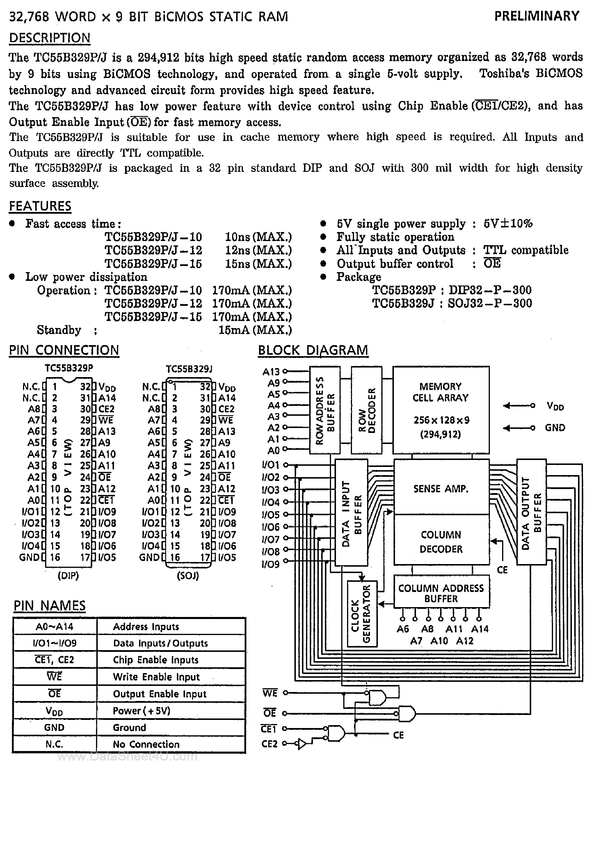 Даташит TC55B329J - 32K x 9-Bit BiCMOS Static RAM страница 1