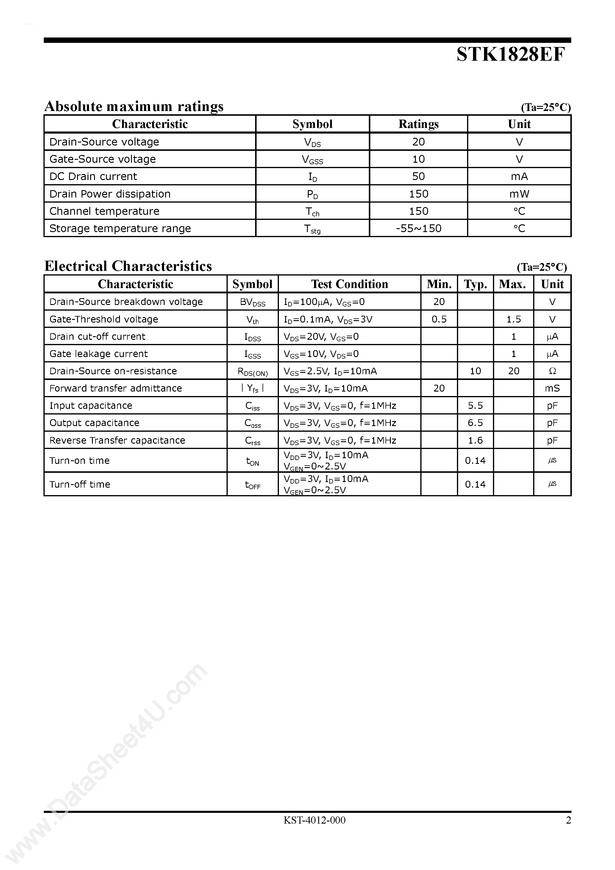 Datasheet STK1828EF - N-Channel Enhancement-Mode MOSFET page 2