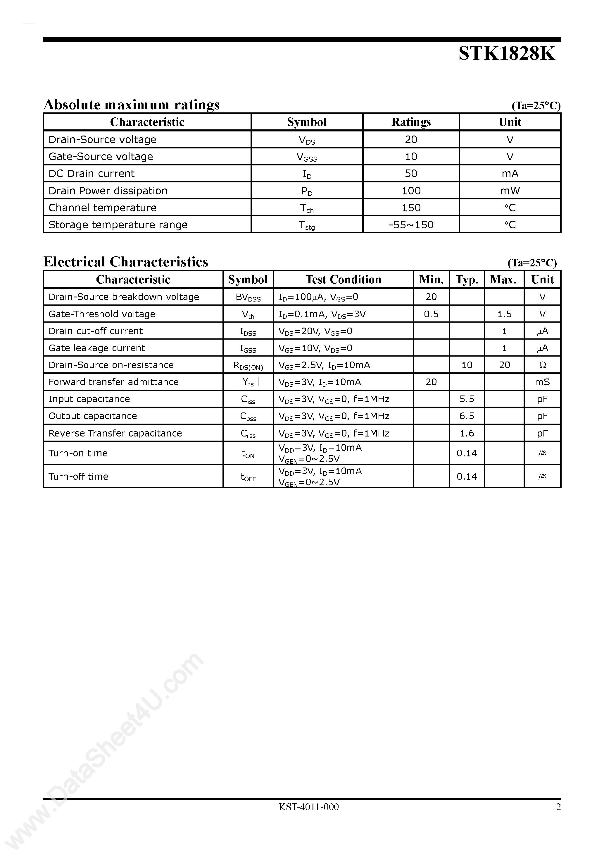 Datasheet STK1828K - N-Channel Enhancement-Mode MOSFET page 2