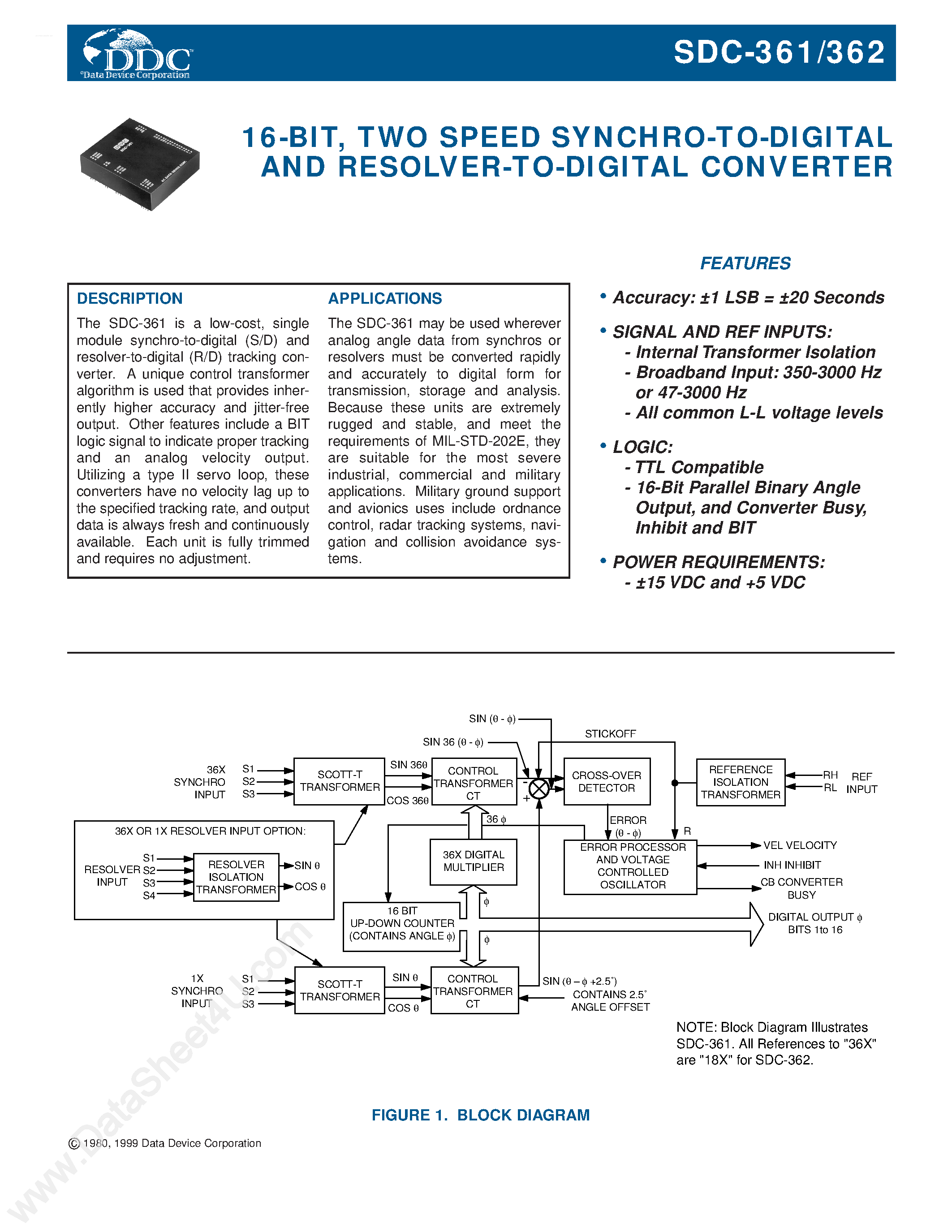 Datasheet SDC-361 - (SDC361 / SDC362) 16-Bit 2 Speed Synchro to Digital and Resolver to Digital Converter page 1