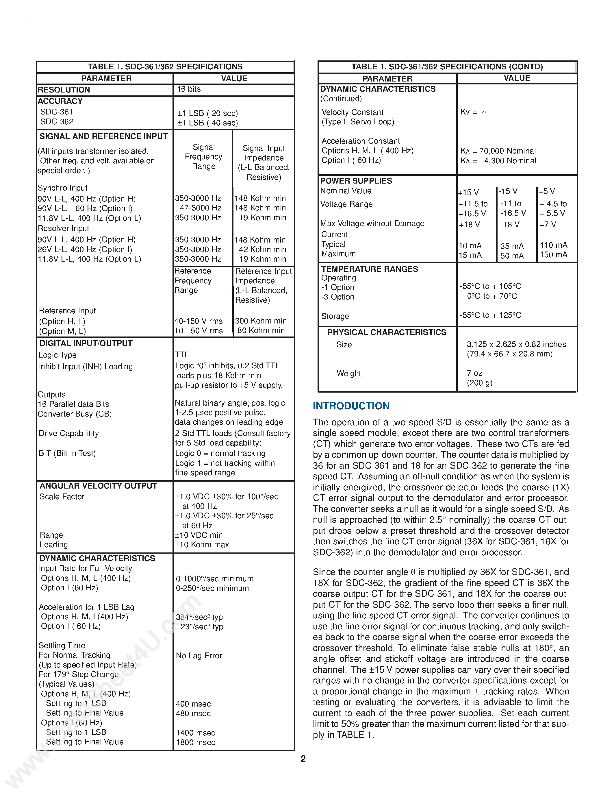 Datasheet SDC-361 - (SDC361 / SDC362) 16-Bit 2 Speed Synchro to Digital and Resolver to Digital Converter page 2
