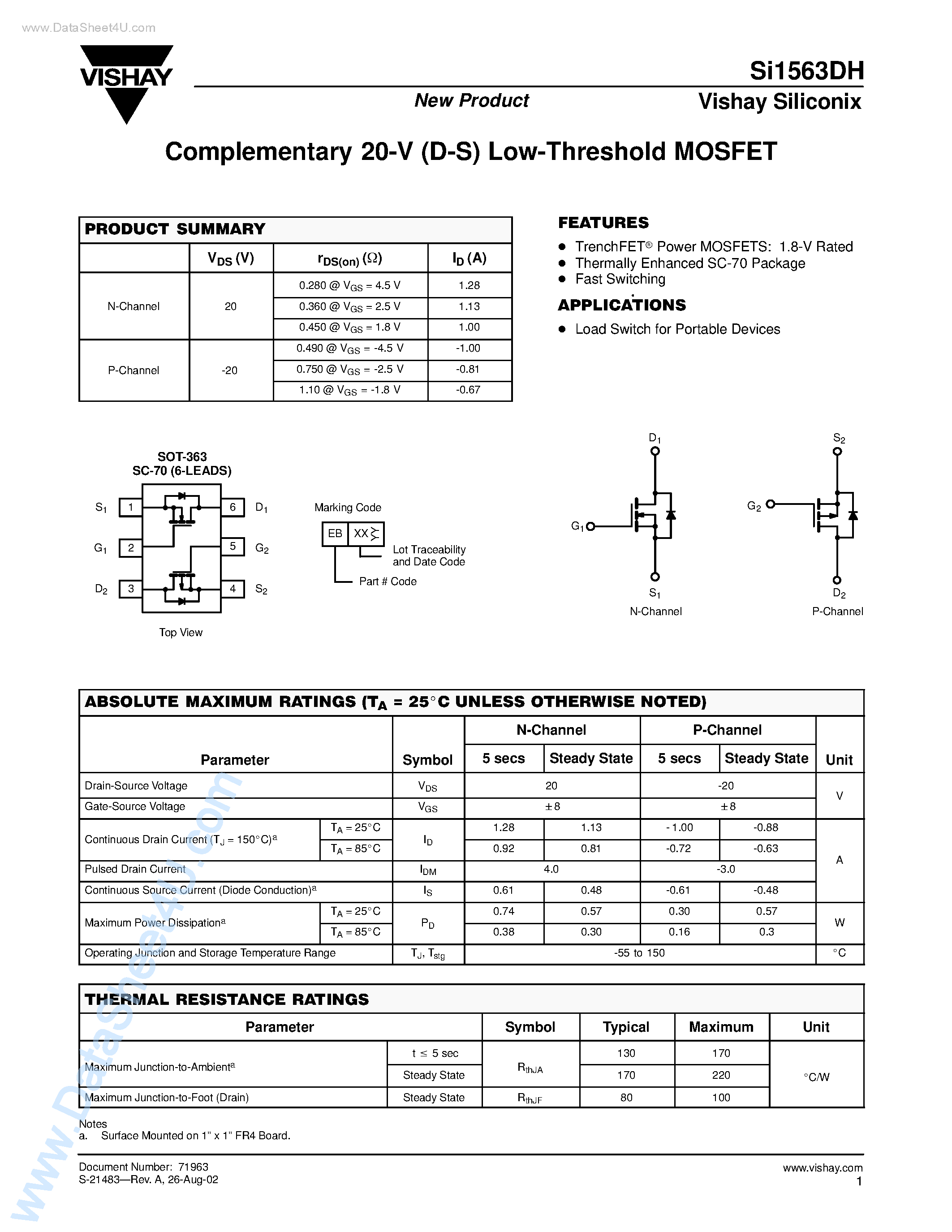 Даташит SI1563DH - Complementary 20-V (D-S) Low-Threshold MOSFET страница 1