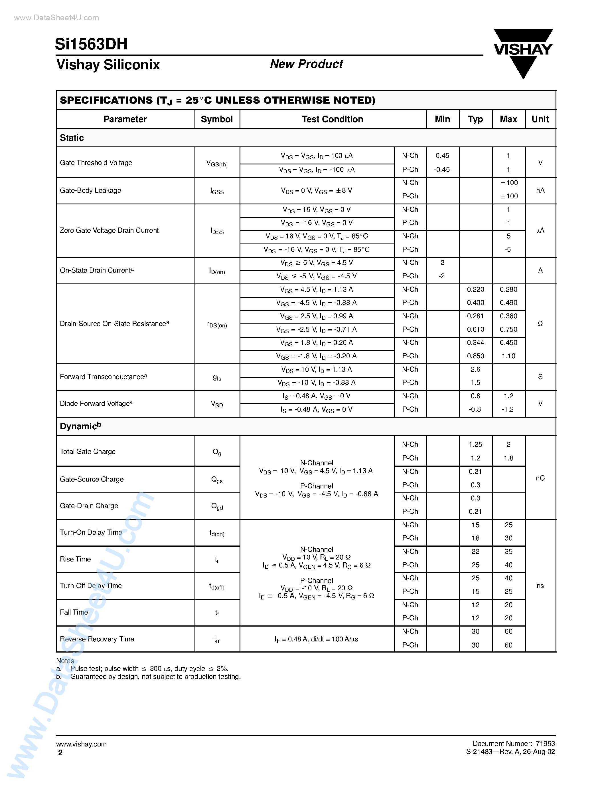 Datasheet SI1563DH - Complementary 20-V (D-S) Low-Threshold MOSFET page 2