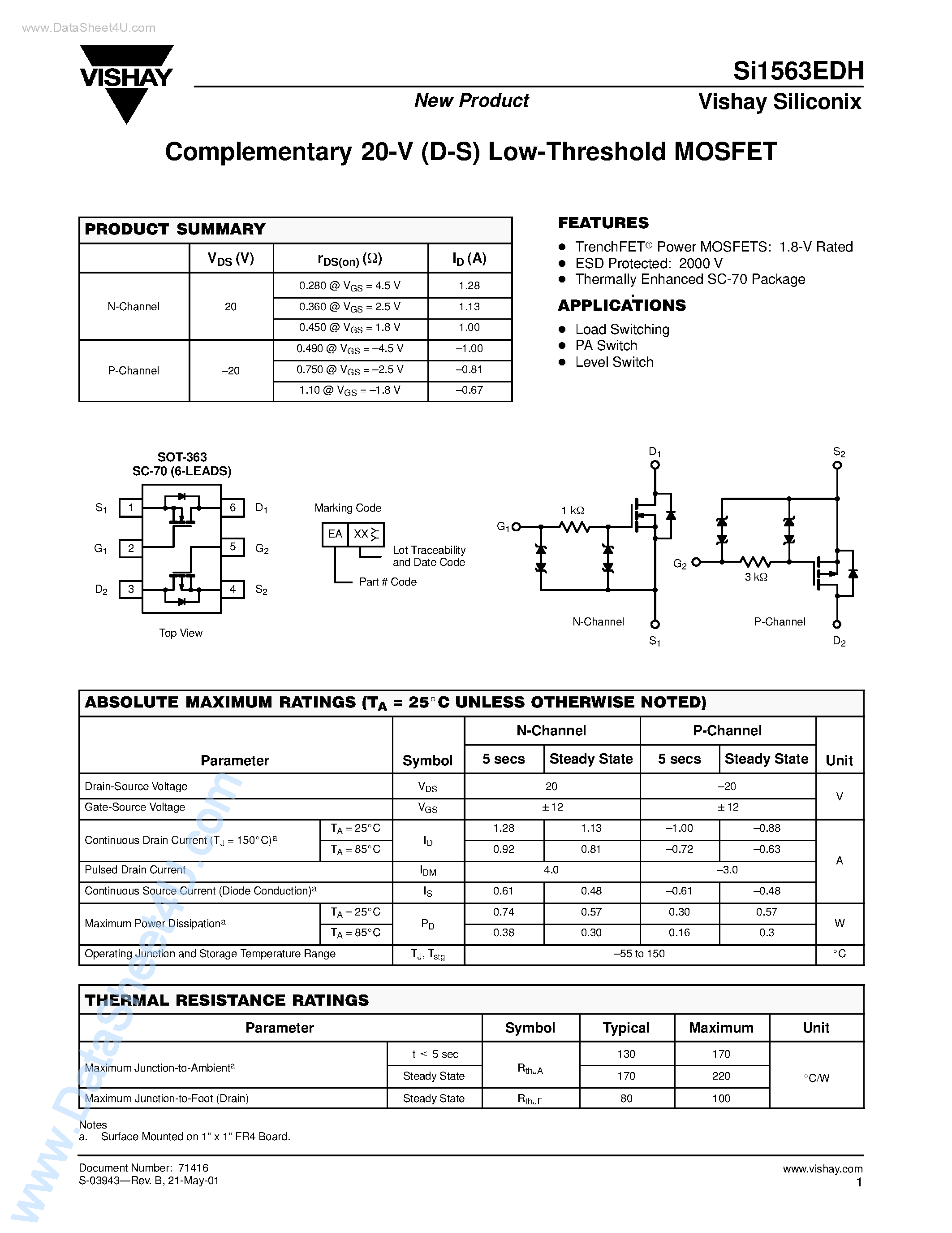 Даташит SI1563EDH - Complementary 20-V (D-S) Low-Threshold MOSFET страница 1