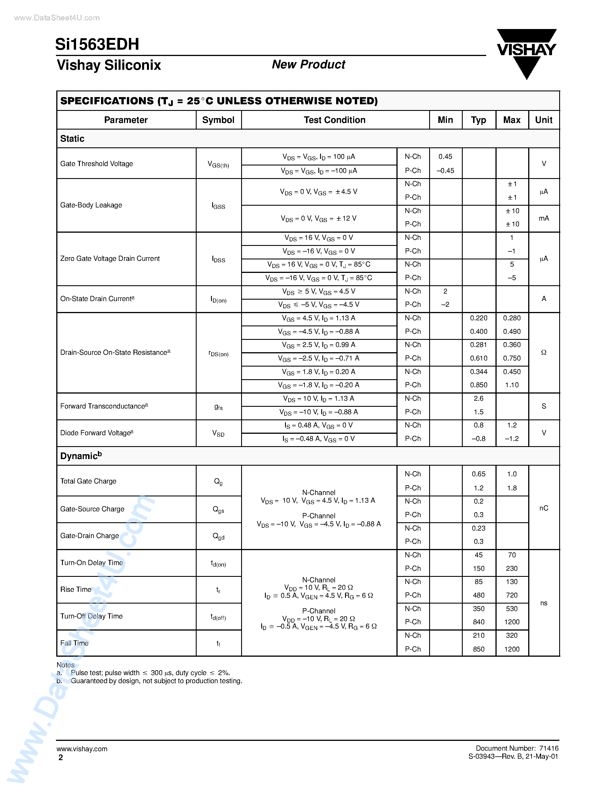 Datasheet SI1563EDH - Complementary 20-V (D-S) Low-Threshold MOSFET page 2