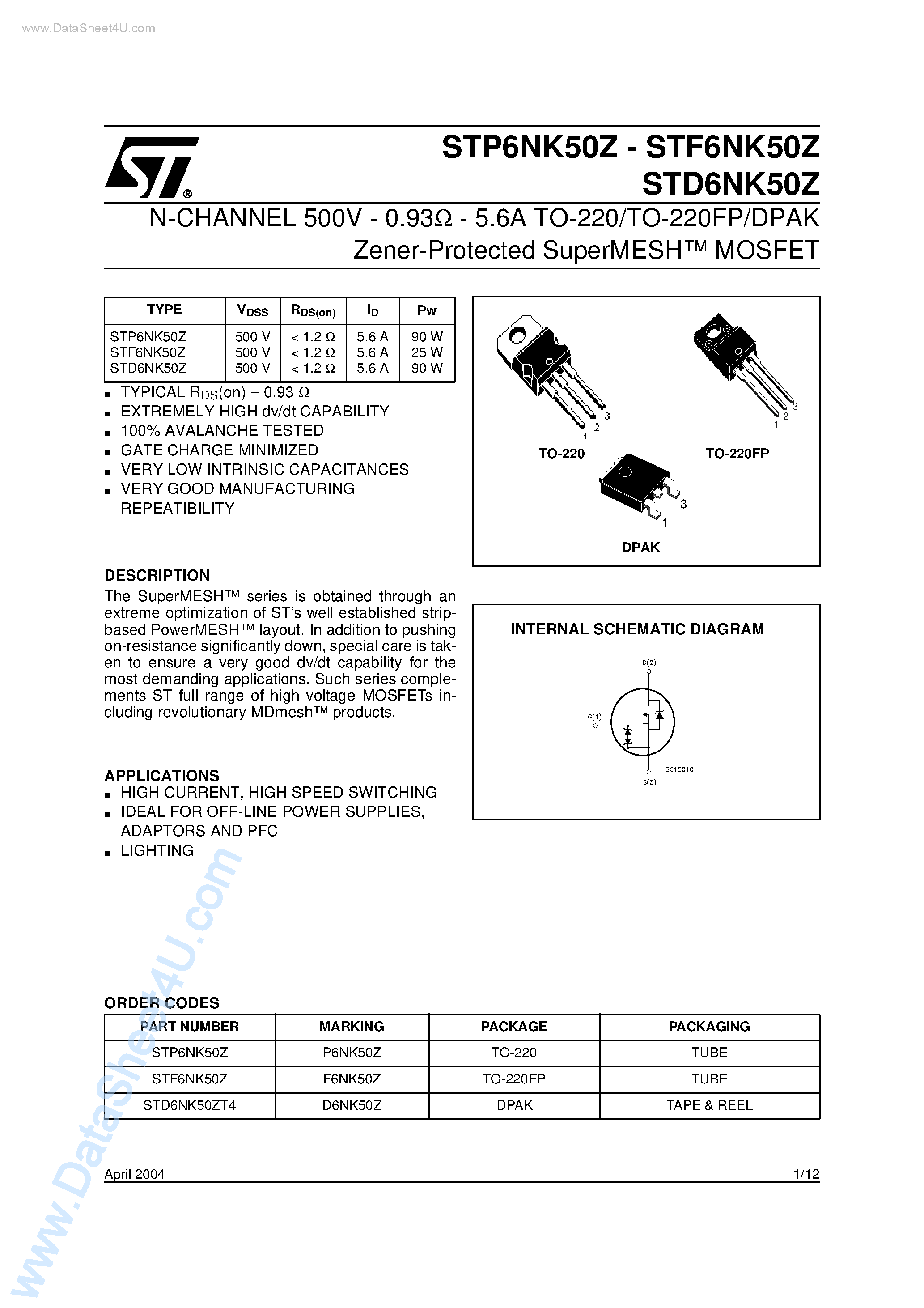 Datasheet STP6NK50Z - N-CHANNEL MOSFET page 1