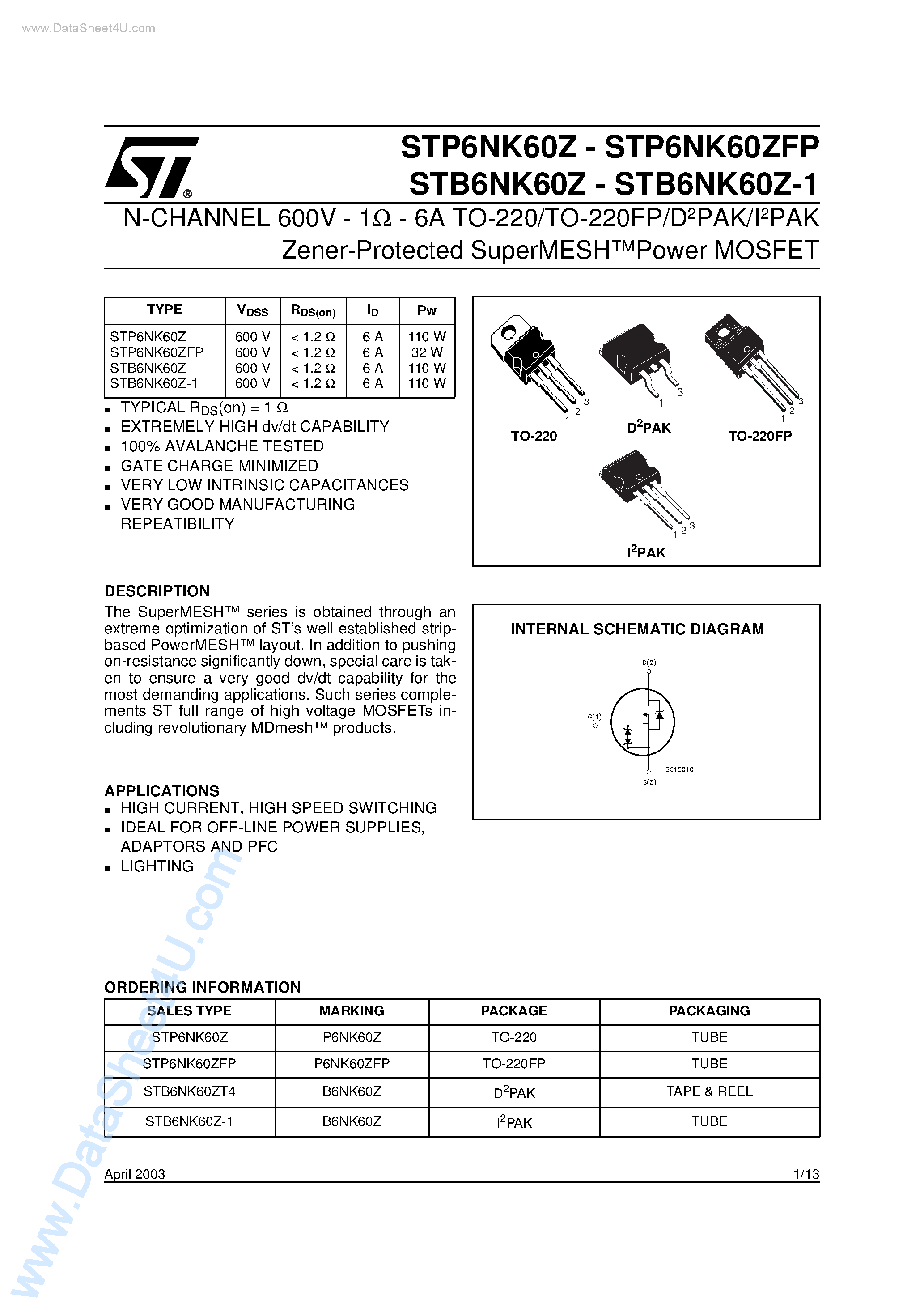 Datasheet STP6NK60Z - N-CHANNEL MOSFET page 1