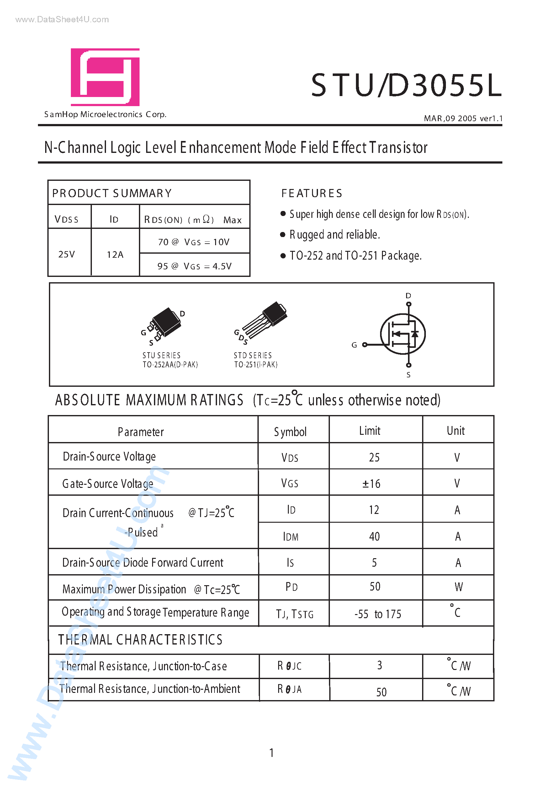 Даташит STD3055L - N-Channel Logic Level E nhancement Mode F ield E ffect Transistor страница 1