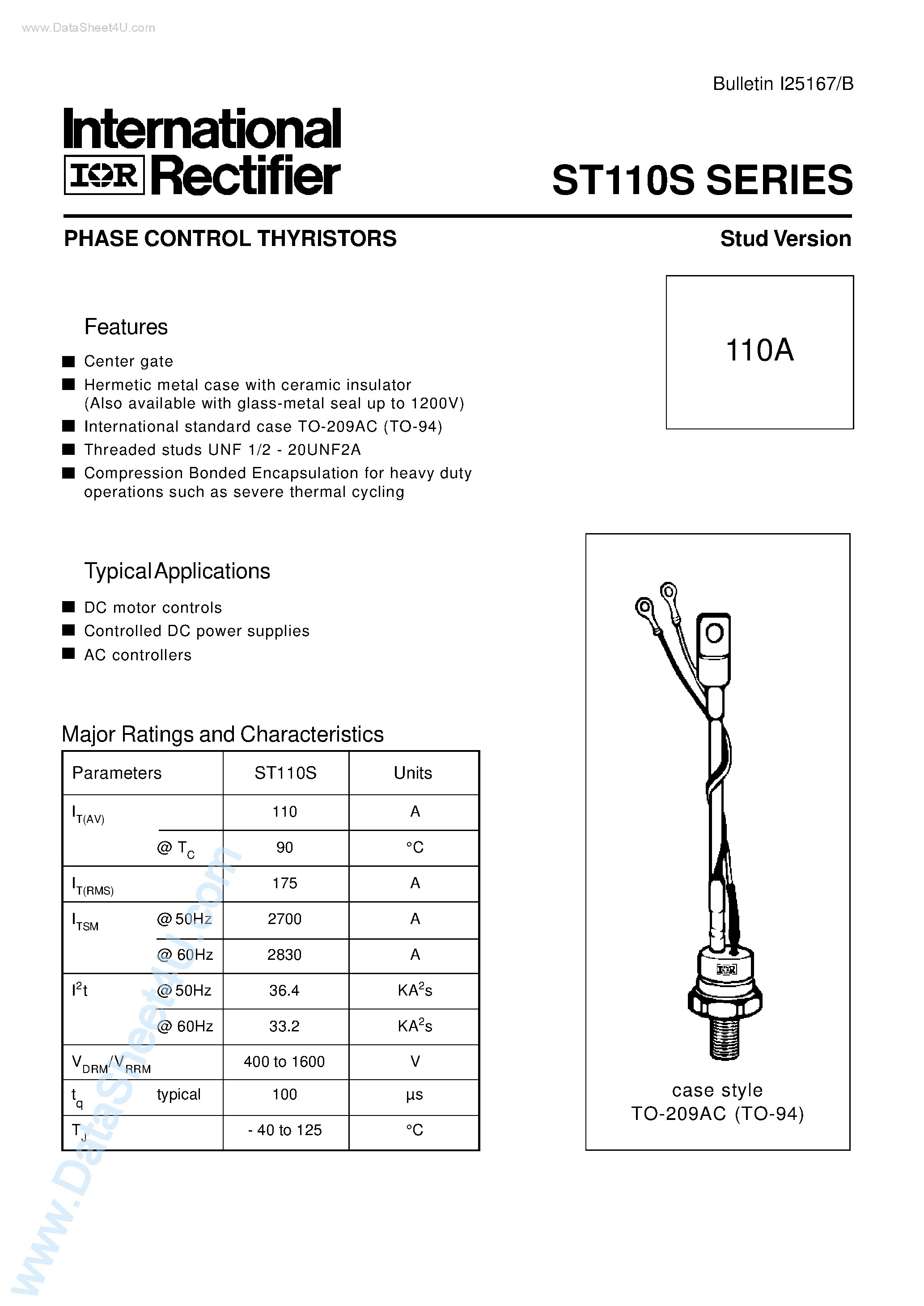 Datasheet ST110S - PHASE CONTROL THYRISTORS Stud Version page 1