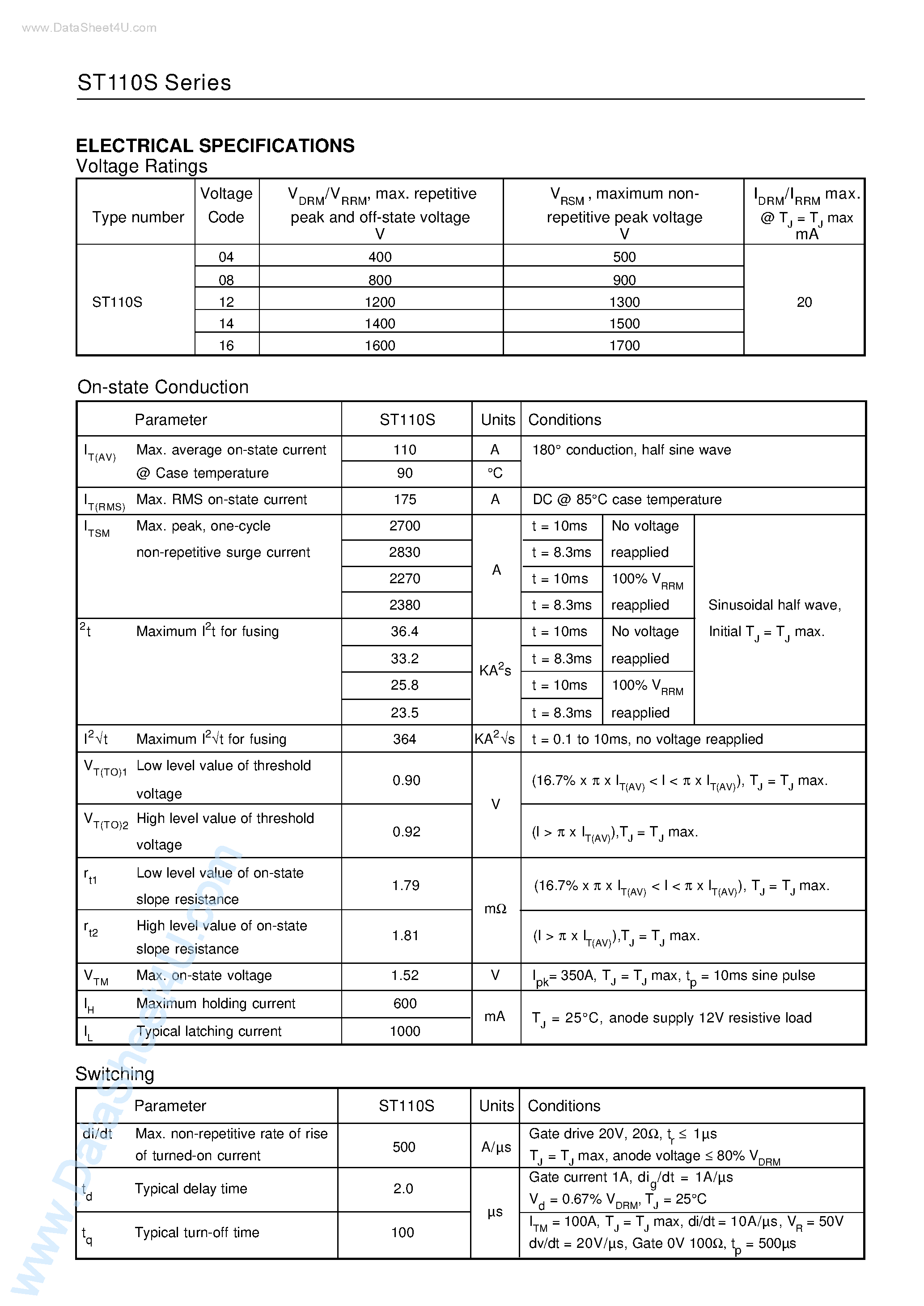 Datasheet ST110S - PHASE CONTROL THYRISTORS Stud Version page 2